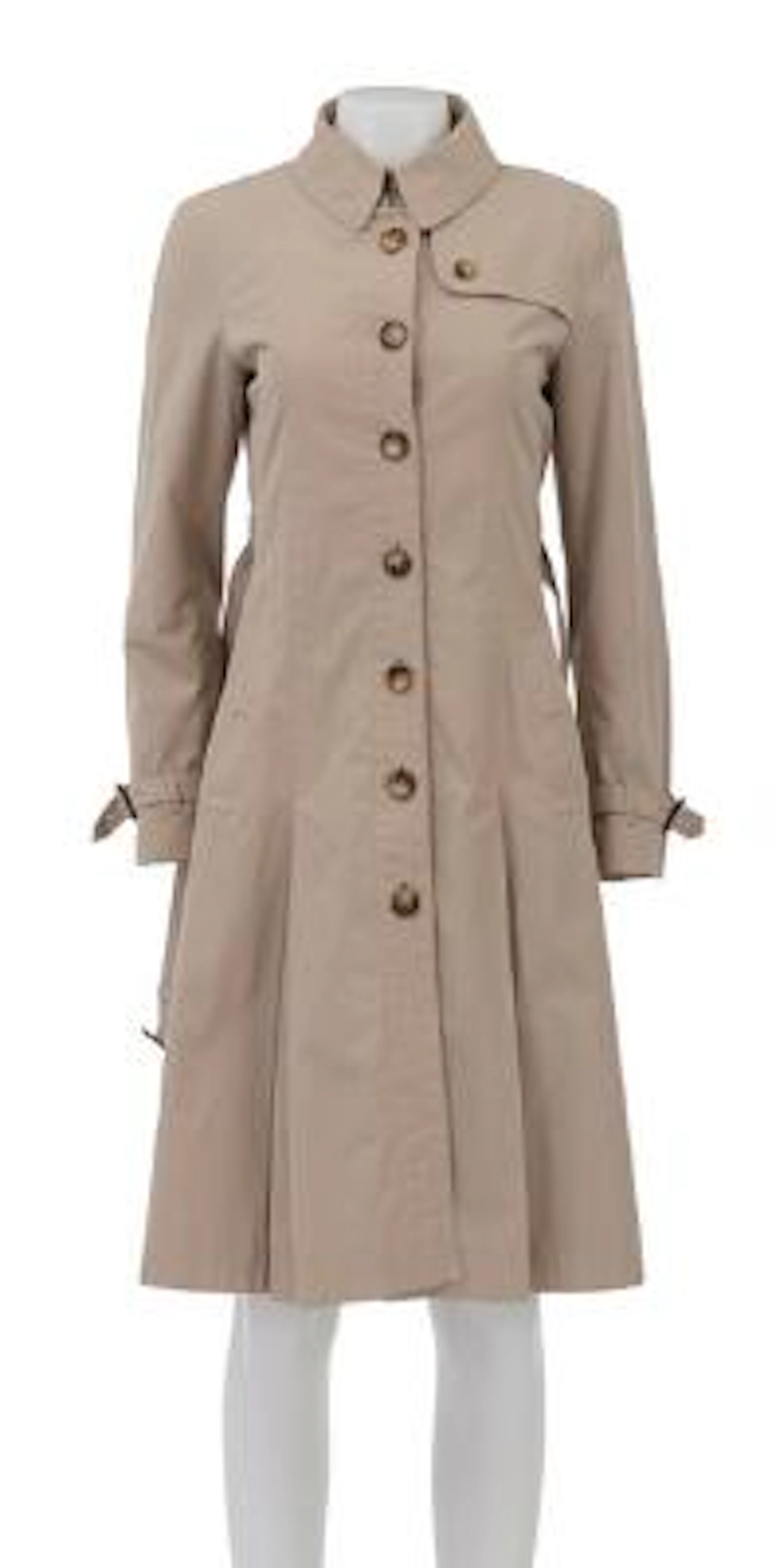 Burberry: A beige trenchcoat with a collar, buttons on the front