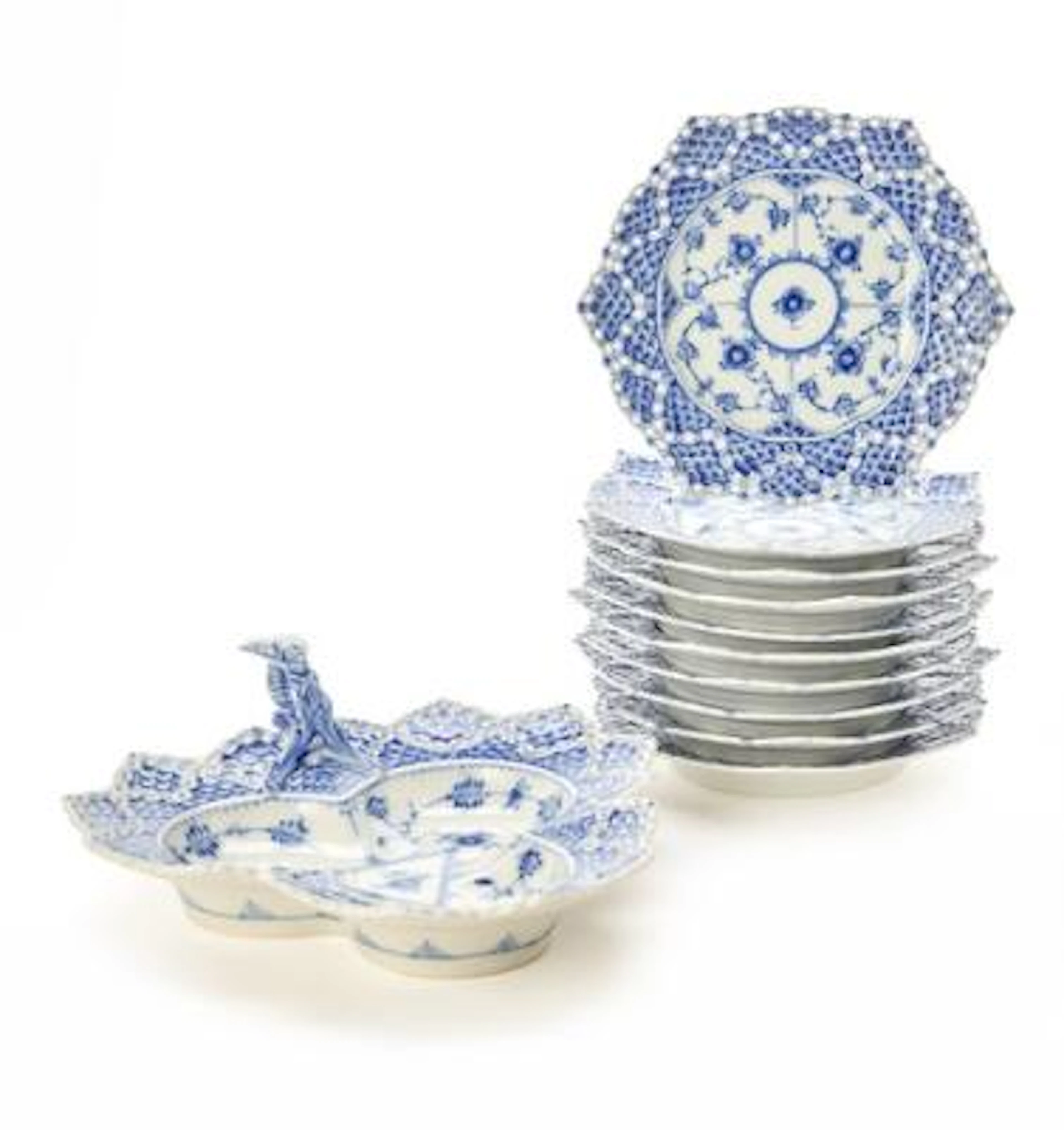 "Blue Fluted Full Lace" trifoil serving dish and ten side plates.