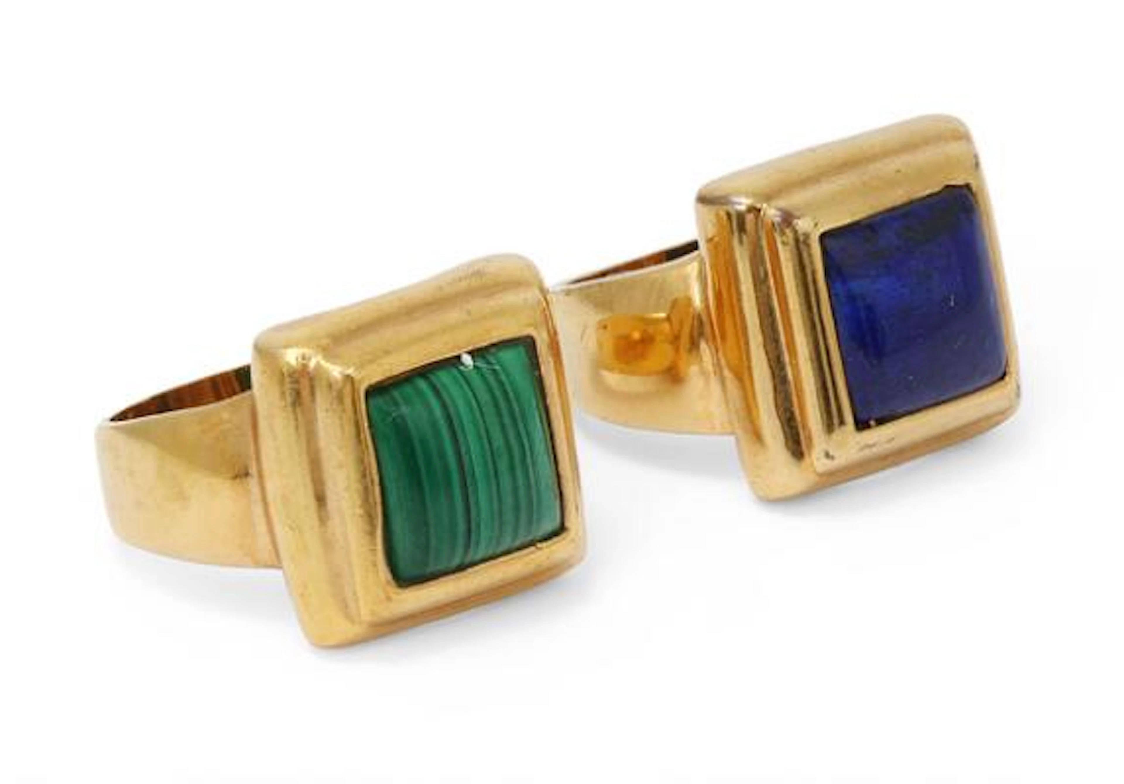 Two rings respectively set with malachite and lapis lazuli, mounted