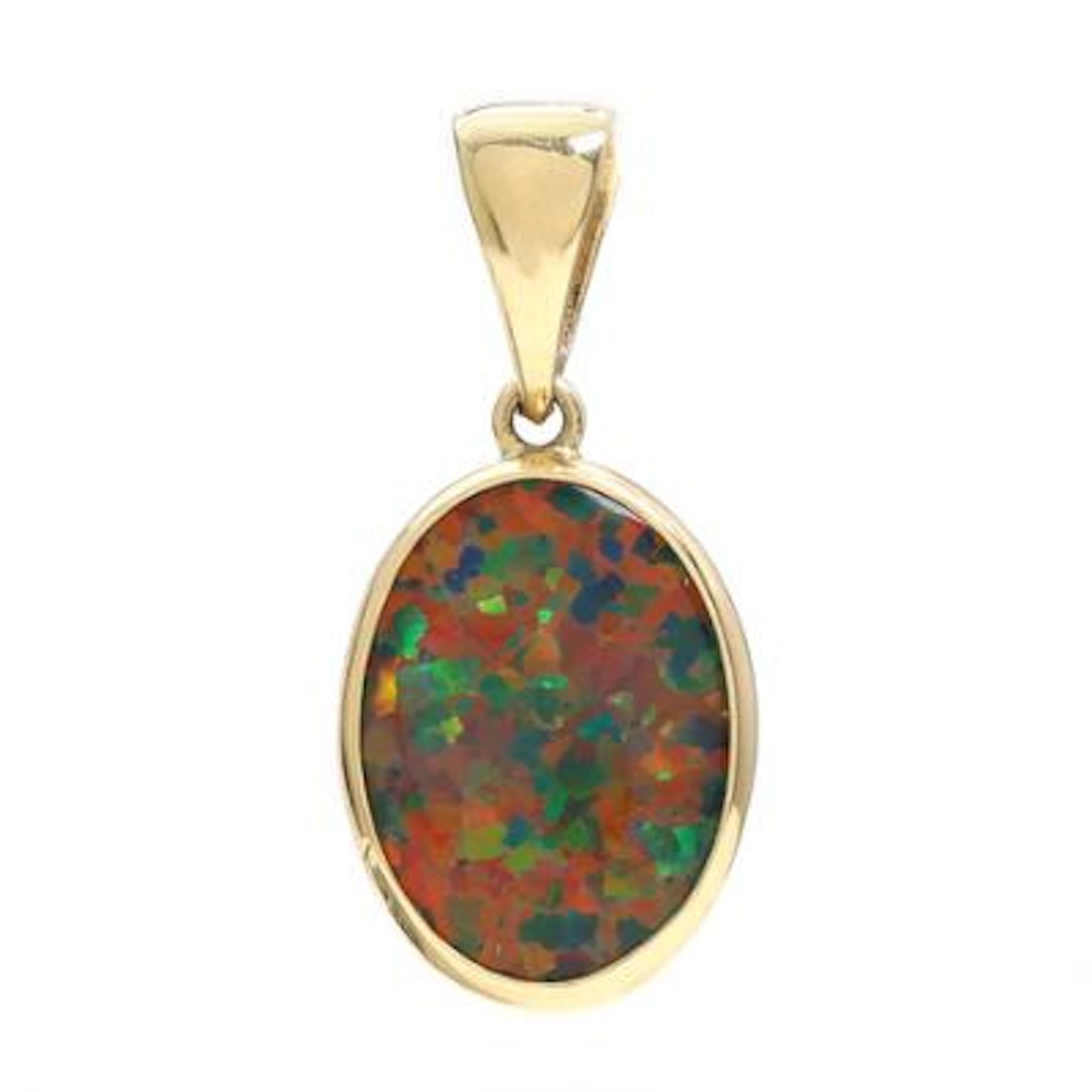 An opal pendant set with a cabochon opal triplet, mounted in 14k gold.