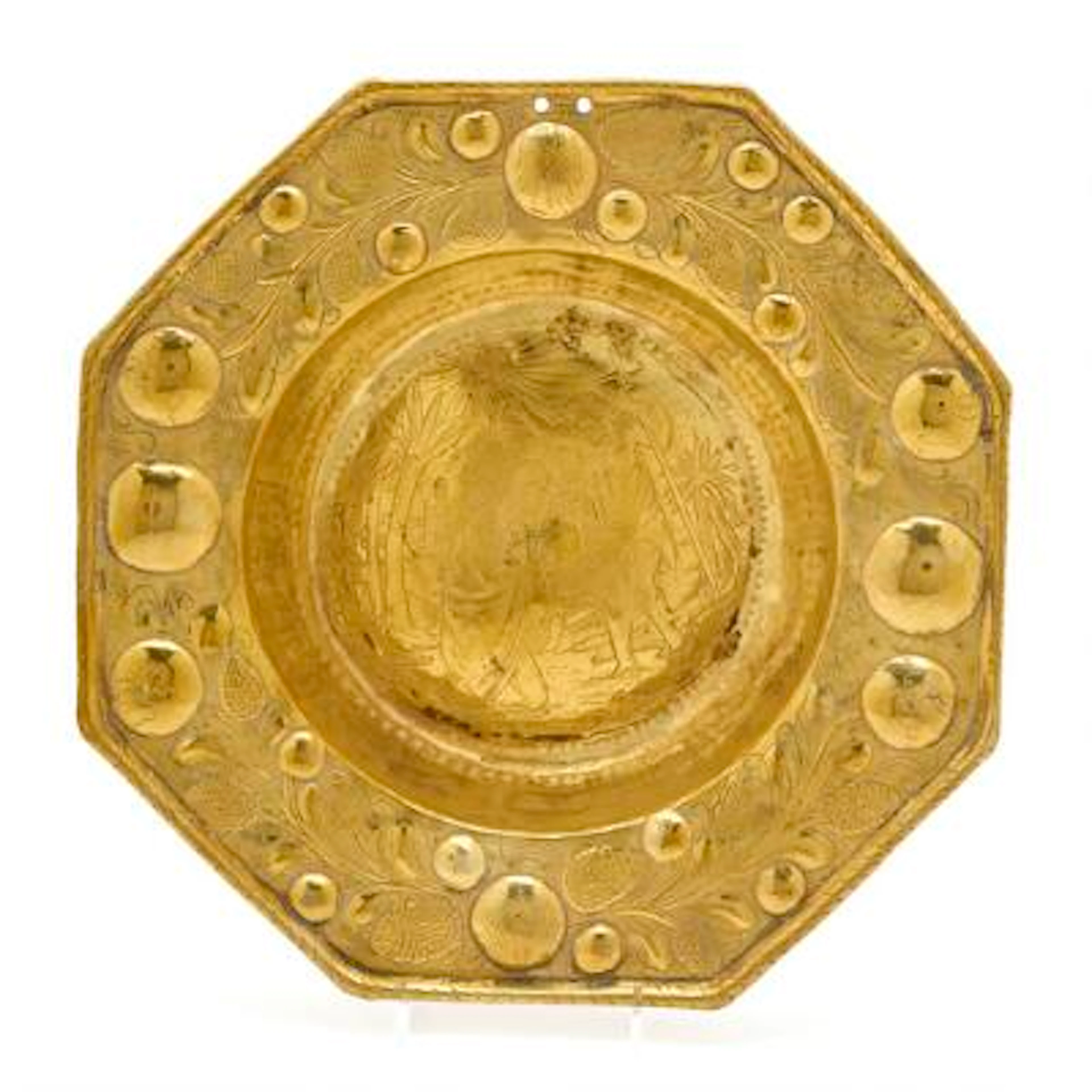 Dutch Baroque baptismal font of brass, eight-sided, engraved with