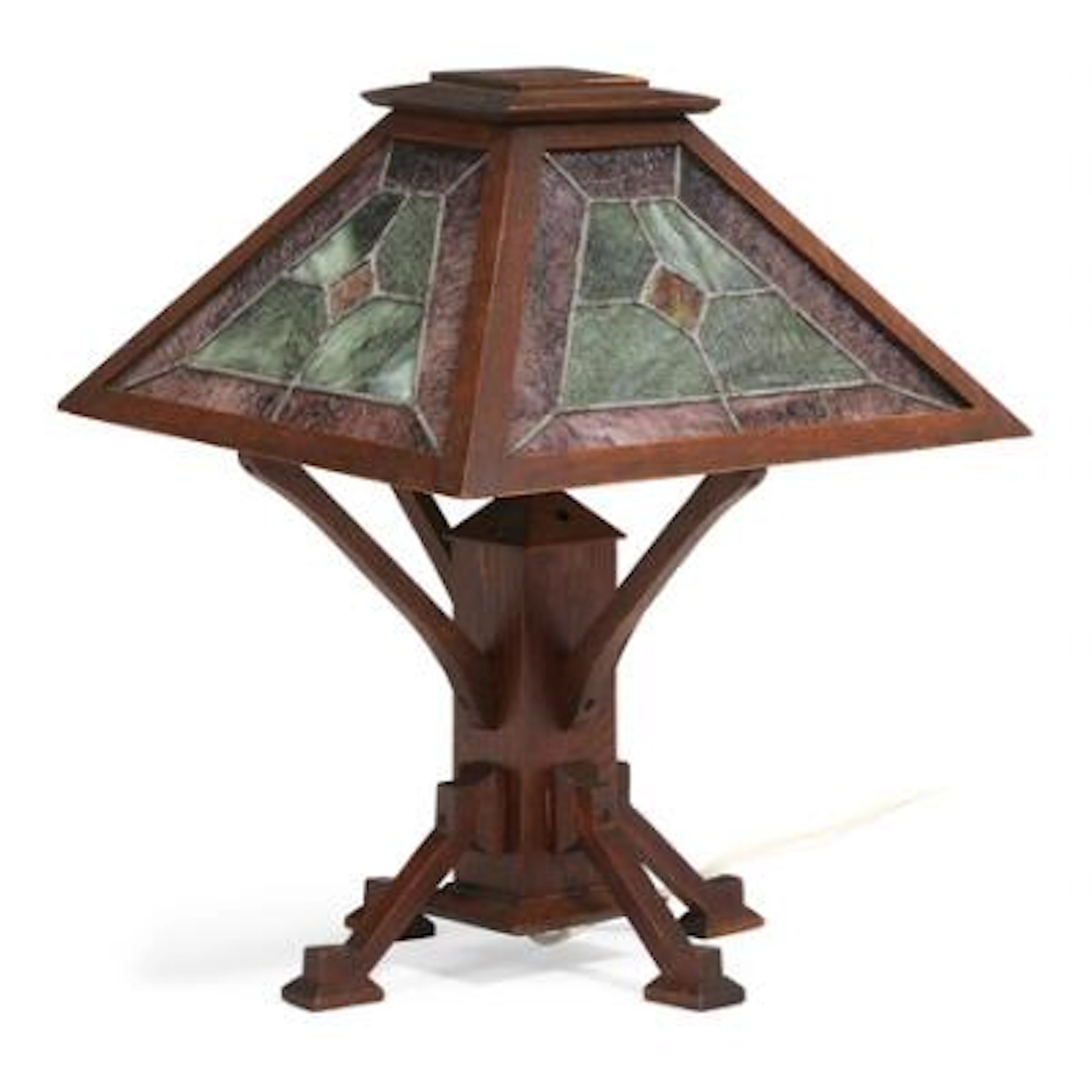 American Arts and Craft table lamp in stained oak. Shades in coloured
