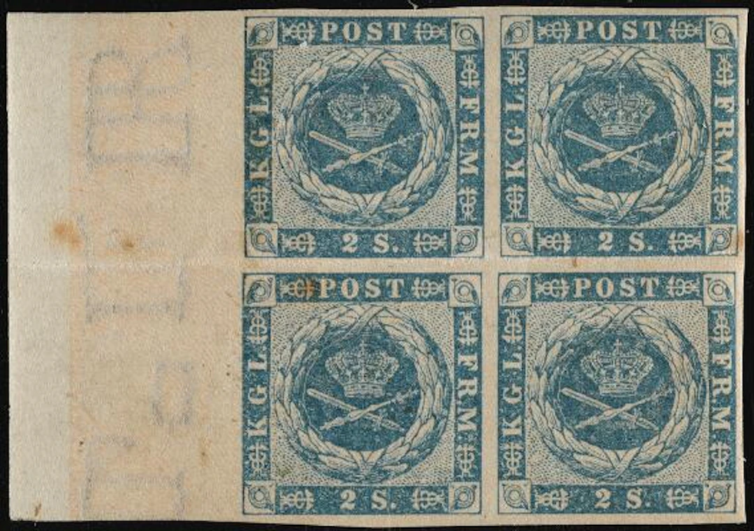 1854. 2 Sk. blue. MNH block of 4 with full left sheet margin. Horizontal