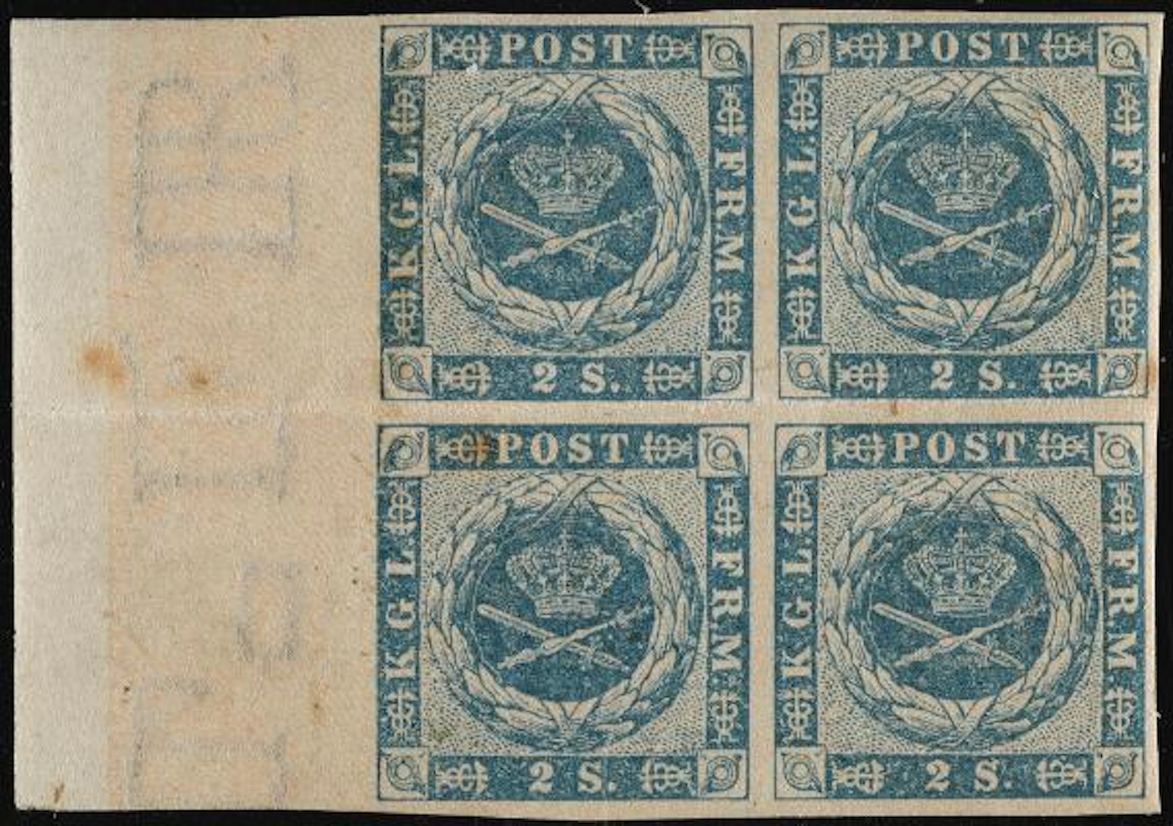 1854. 2 Sk. blue. MNH block of 4 with full left sheet margin. Horizontal