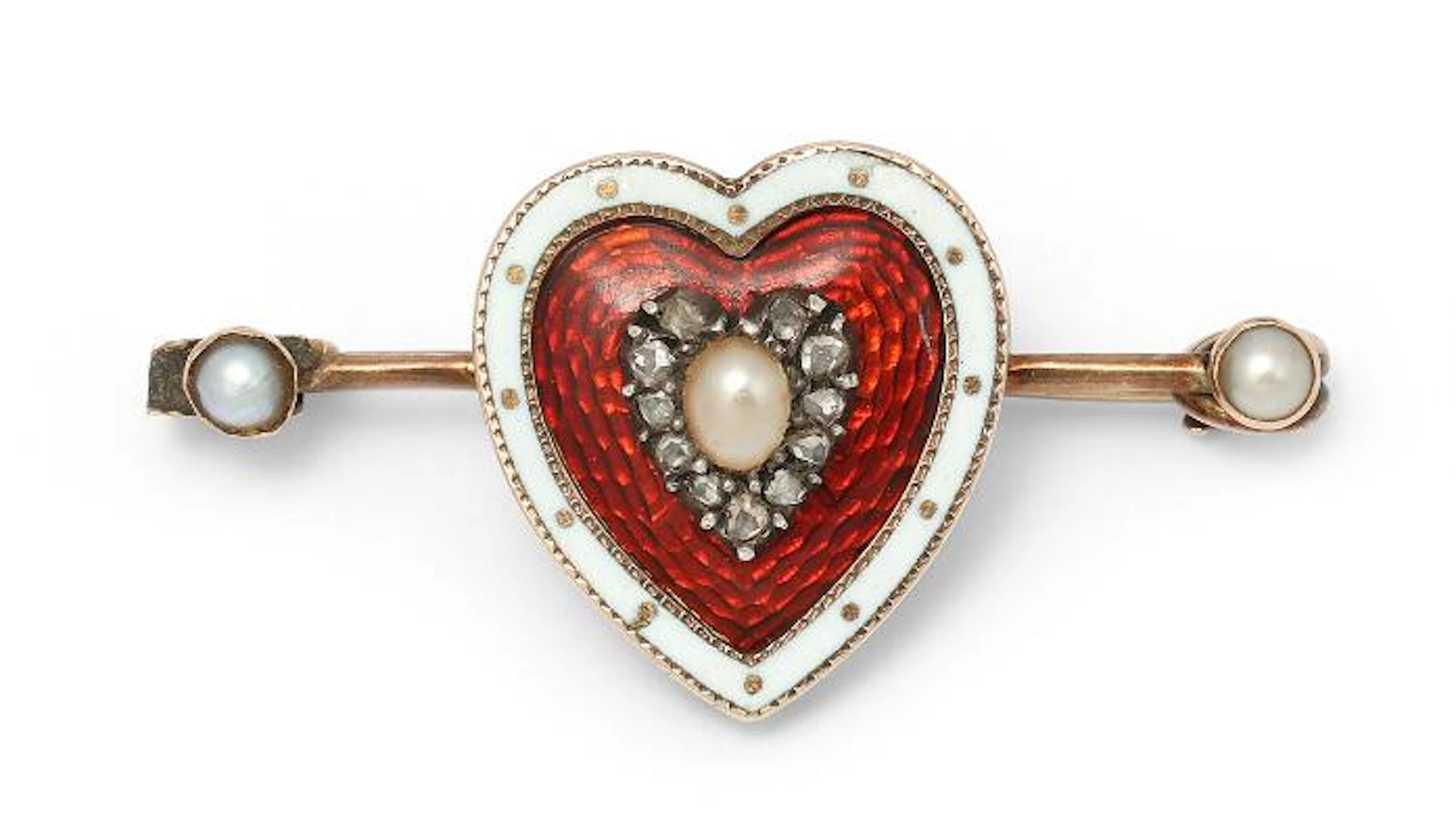 Antique Victorian brooch set with a pearl, diamonds and red guilloché