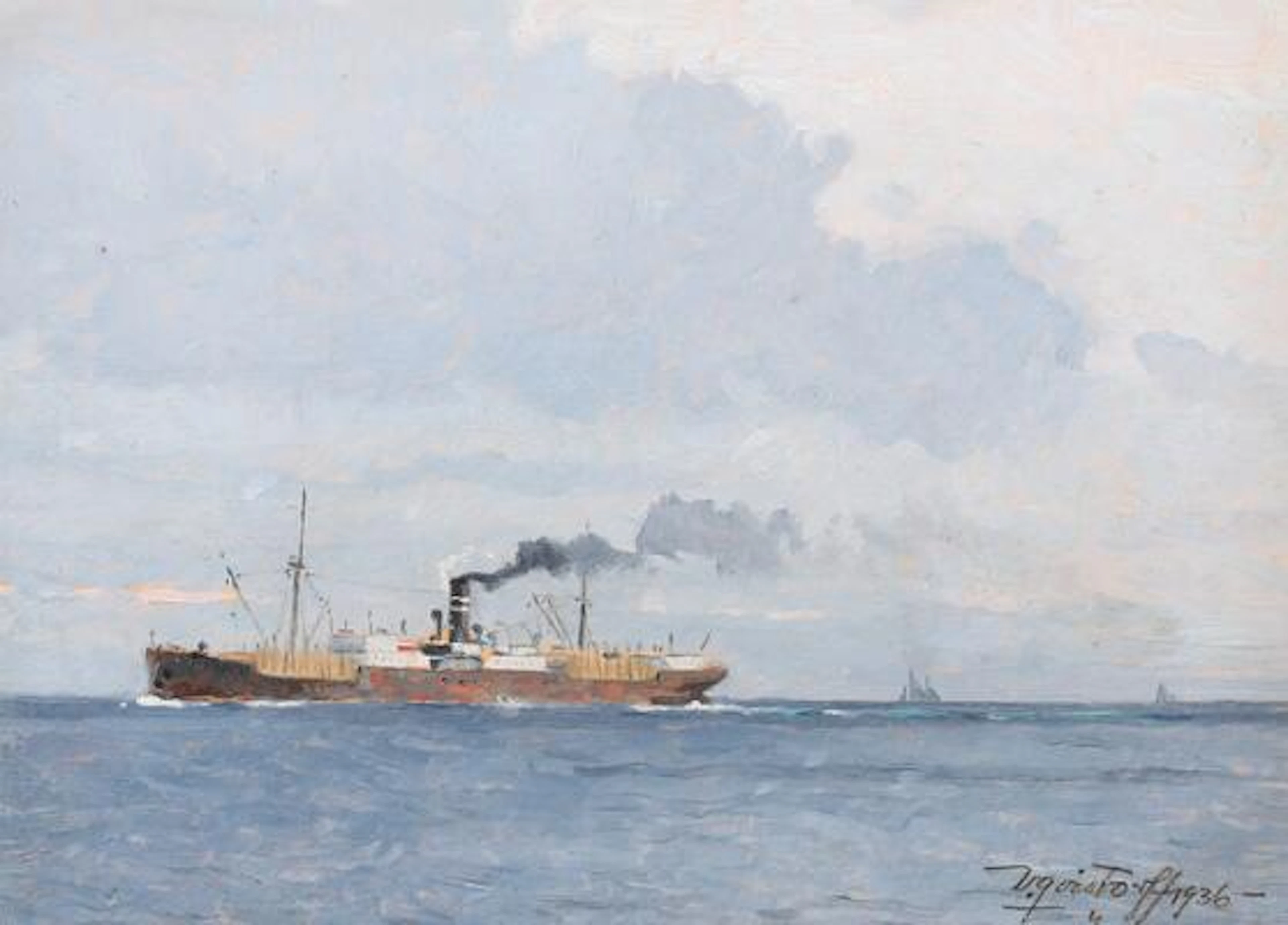 Victor Qvistorff: Seascape with a steamship on the sea. Signed and