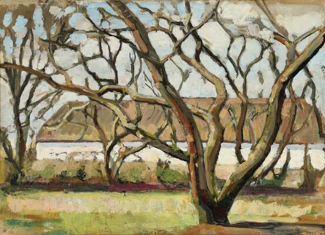 Fritz Syberg: Bare trees in front of a farm. Signed with monogram