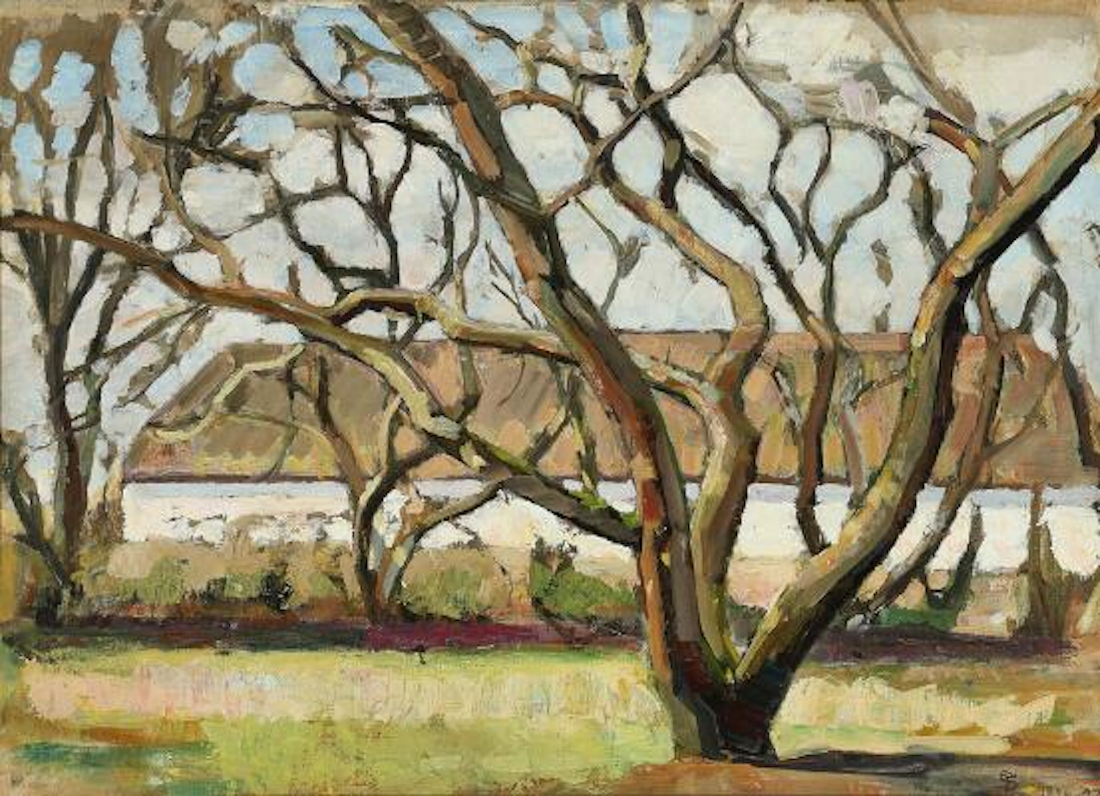 Fritz Syberg: Bare trees in front of a farm. Signed with monogram