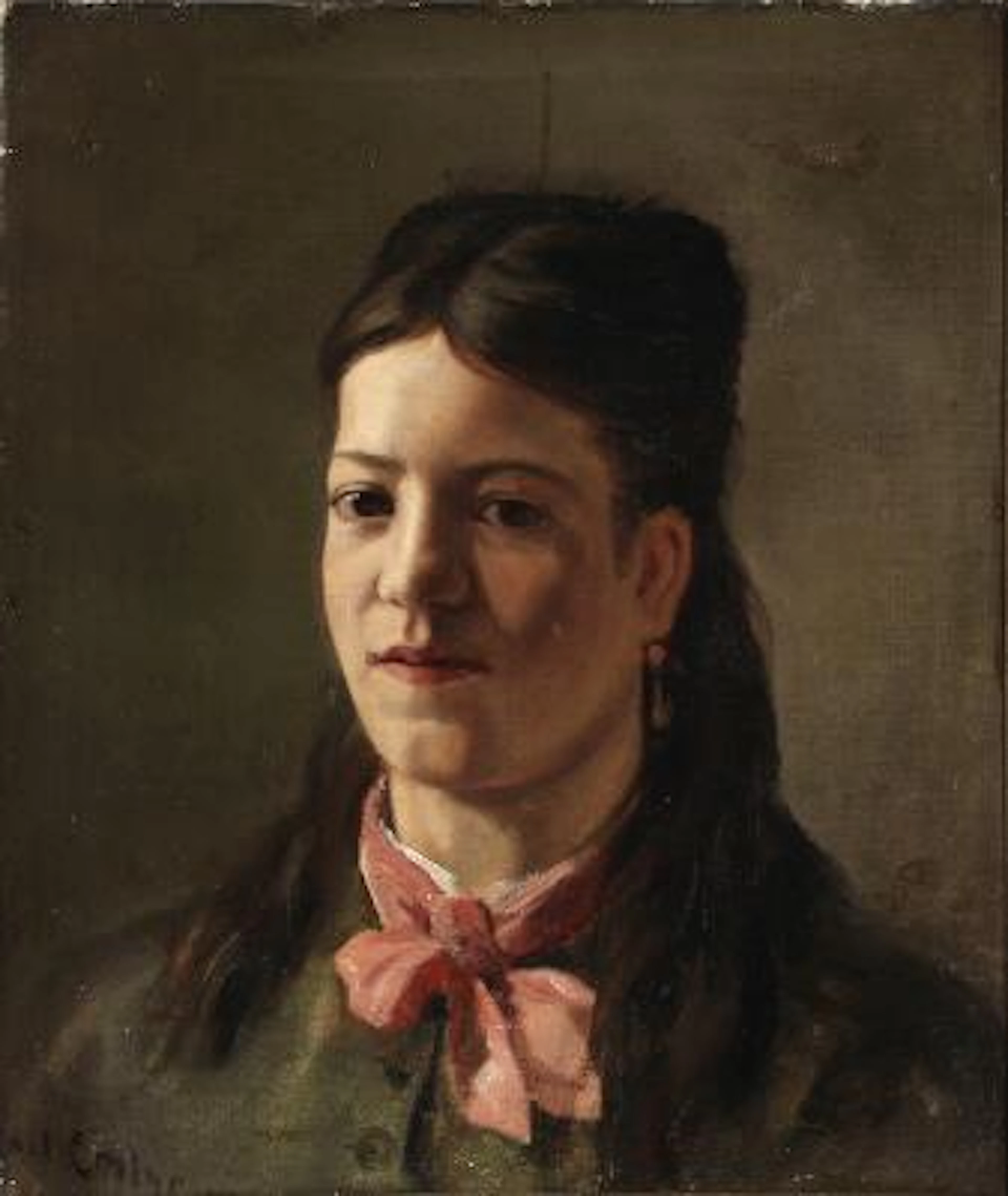 Michael Ancher: Portrait of a young woman in a green dress and scarff.