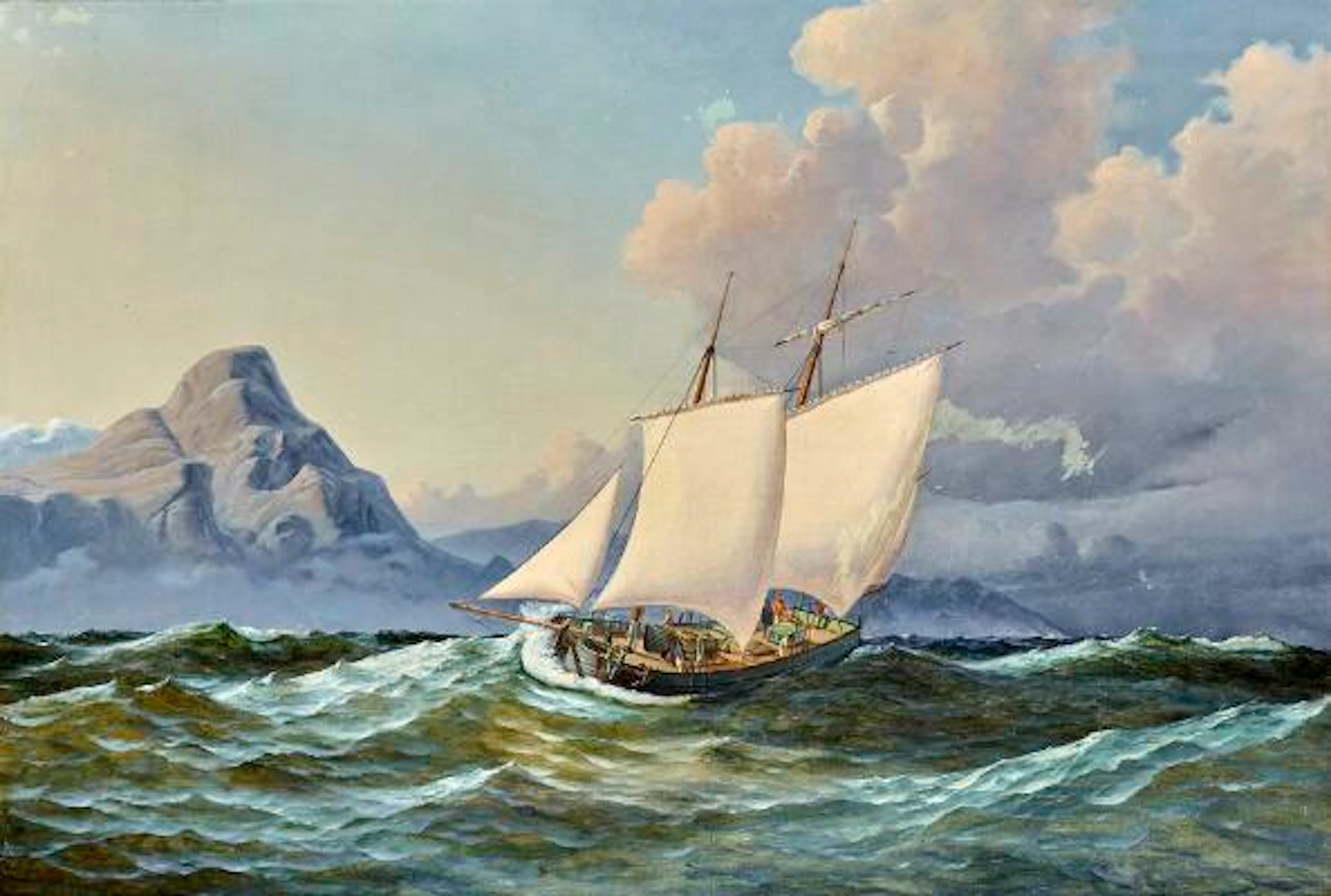 Anton Melbye: Sailing ship off a rocky coast. Signed and dated Anton