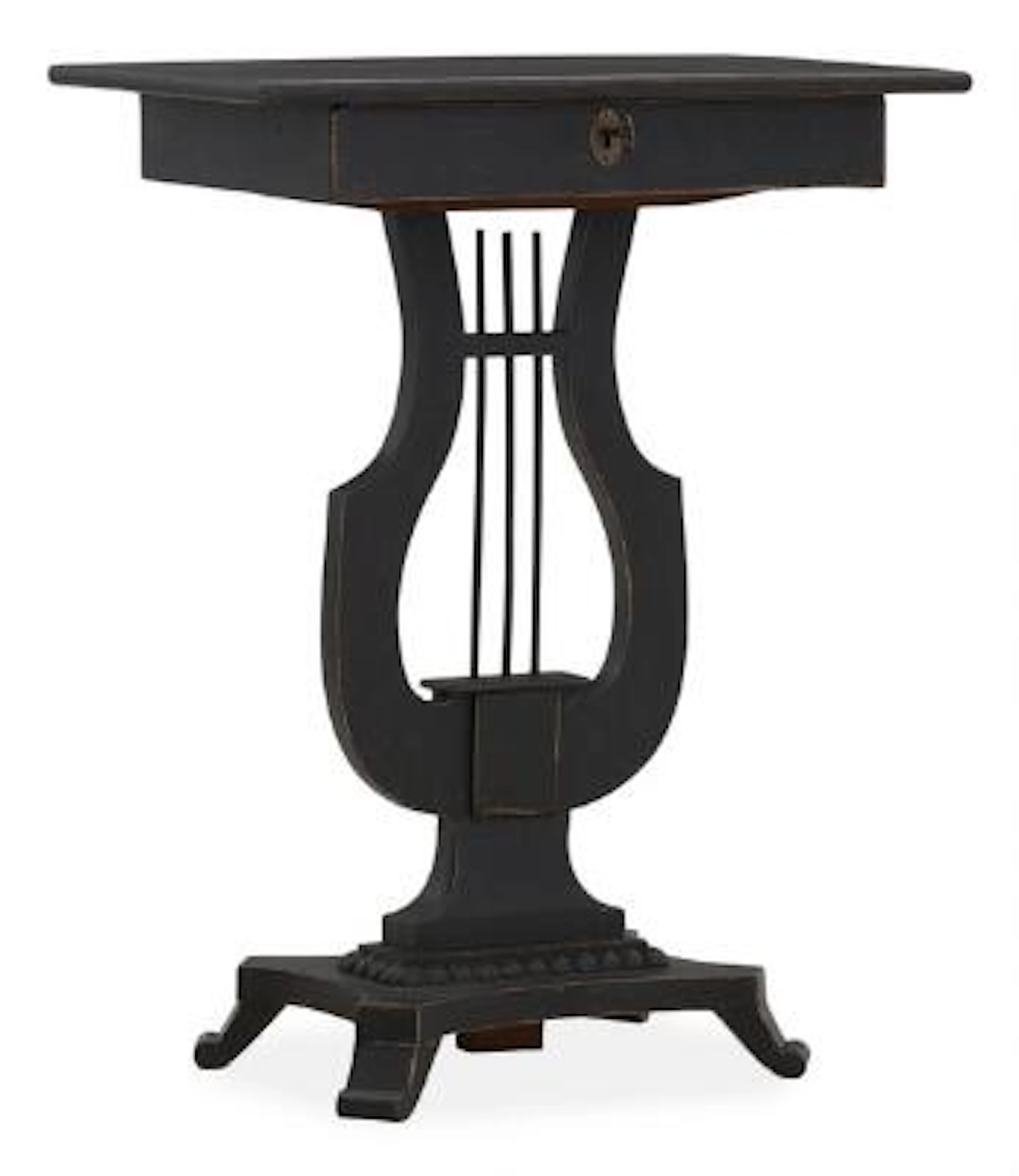 A Swedish painted lyrre shaped table, front with drawer. Partky 19th