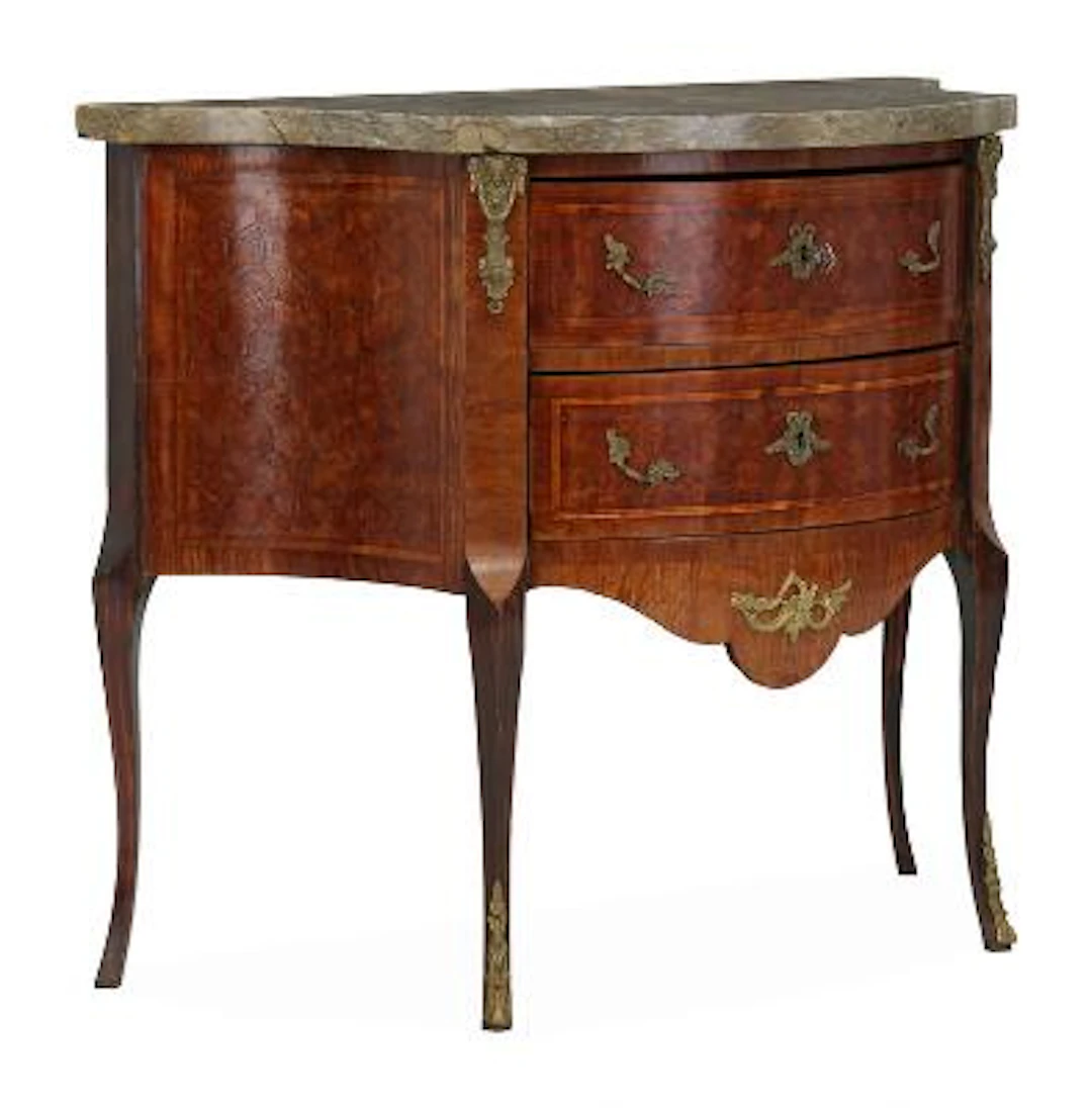A French chest of drawers, fruit wood parquetry and marble top. Rococo