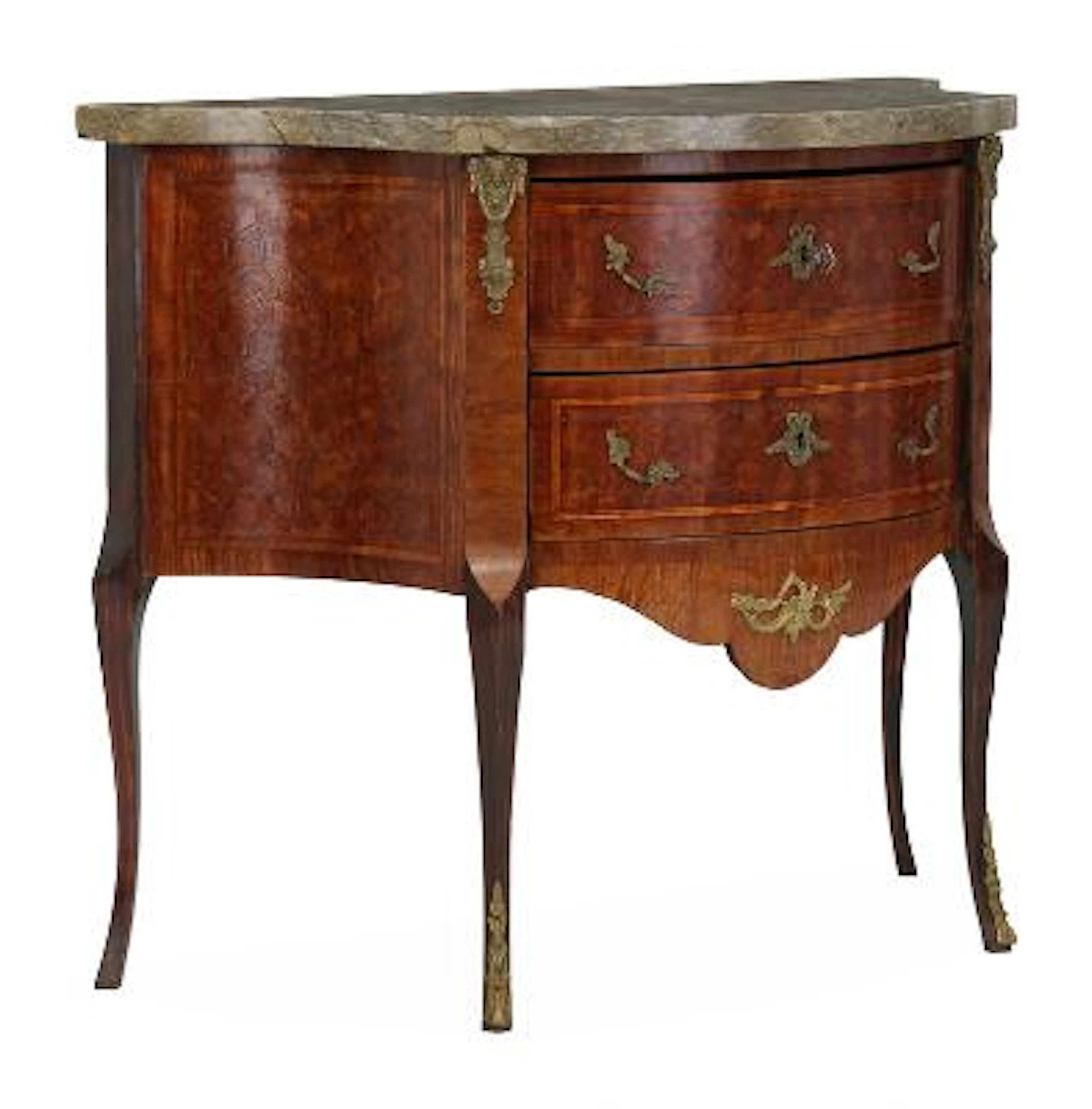 A French chest of drawers, fruit wood parquetry and marble top. Rococo