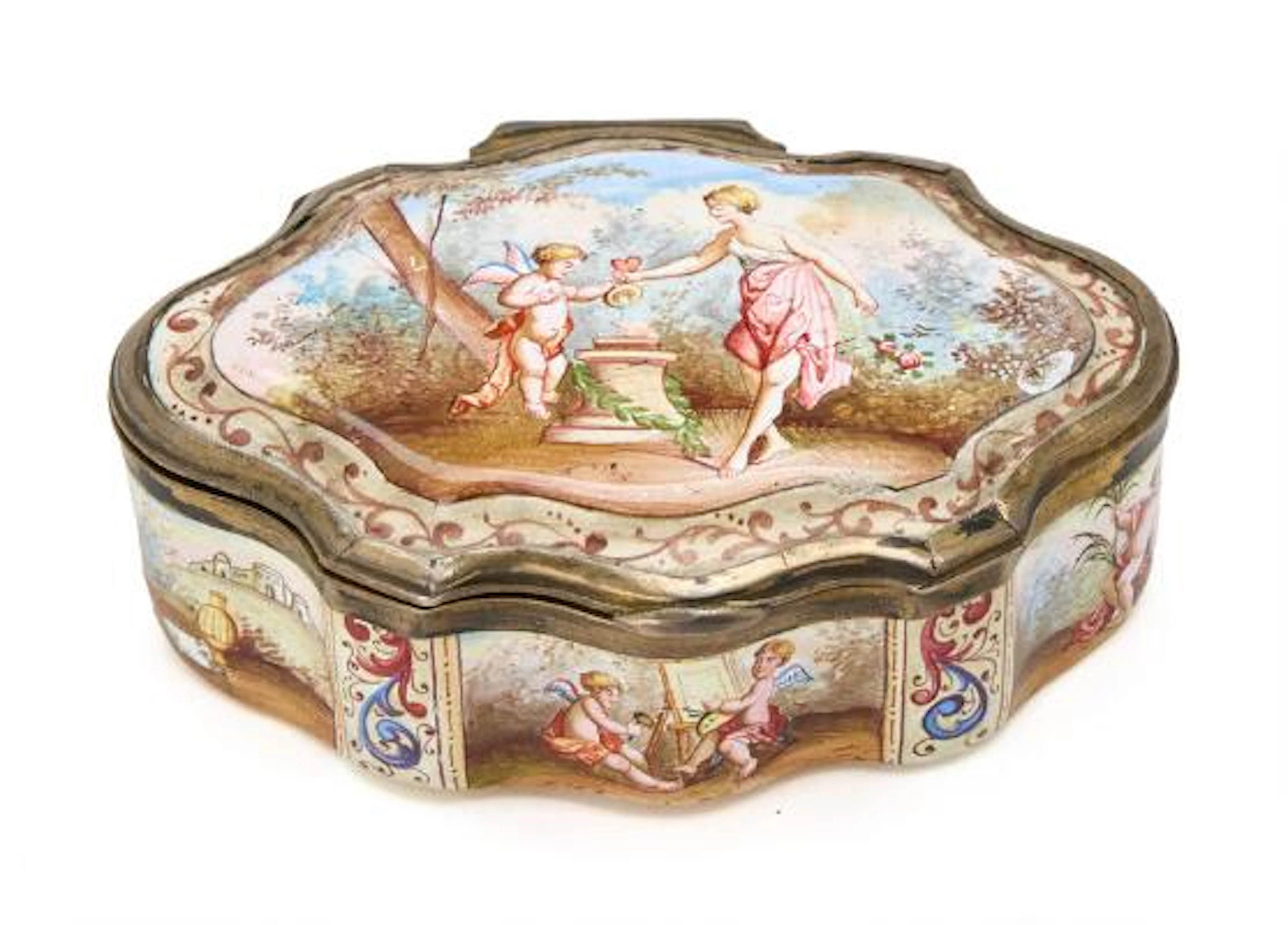 Enamel snuff box with gilt metal mounting. Presumably France, 19th