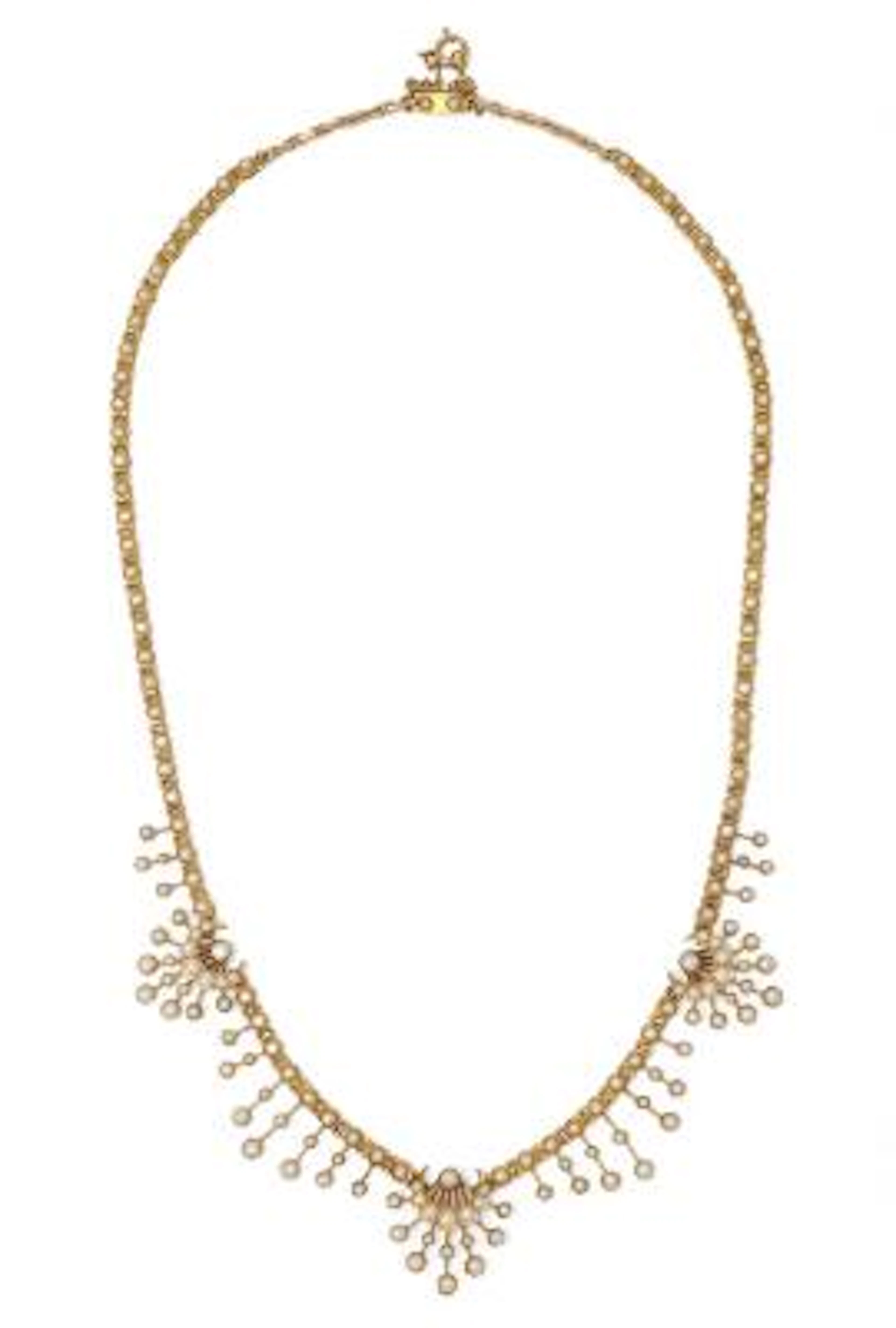 A pearl necklace set with numerous seed pearls, mounted in 14k gold.