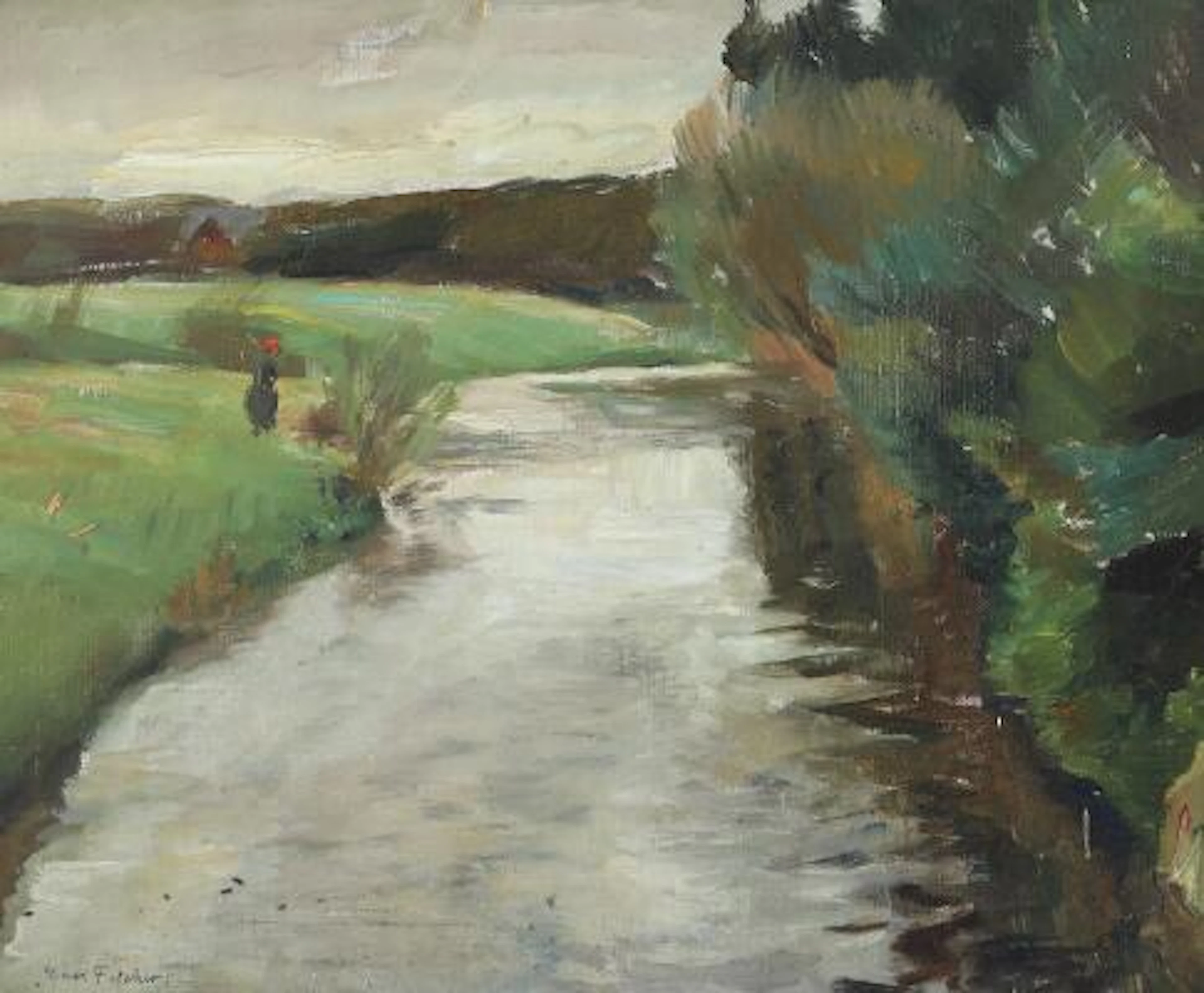 Carl Fischer: Landscape with woman. Signed Carl Fischer. Oil on canvas