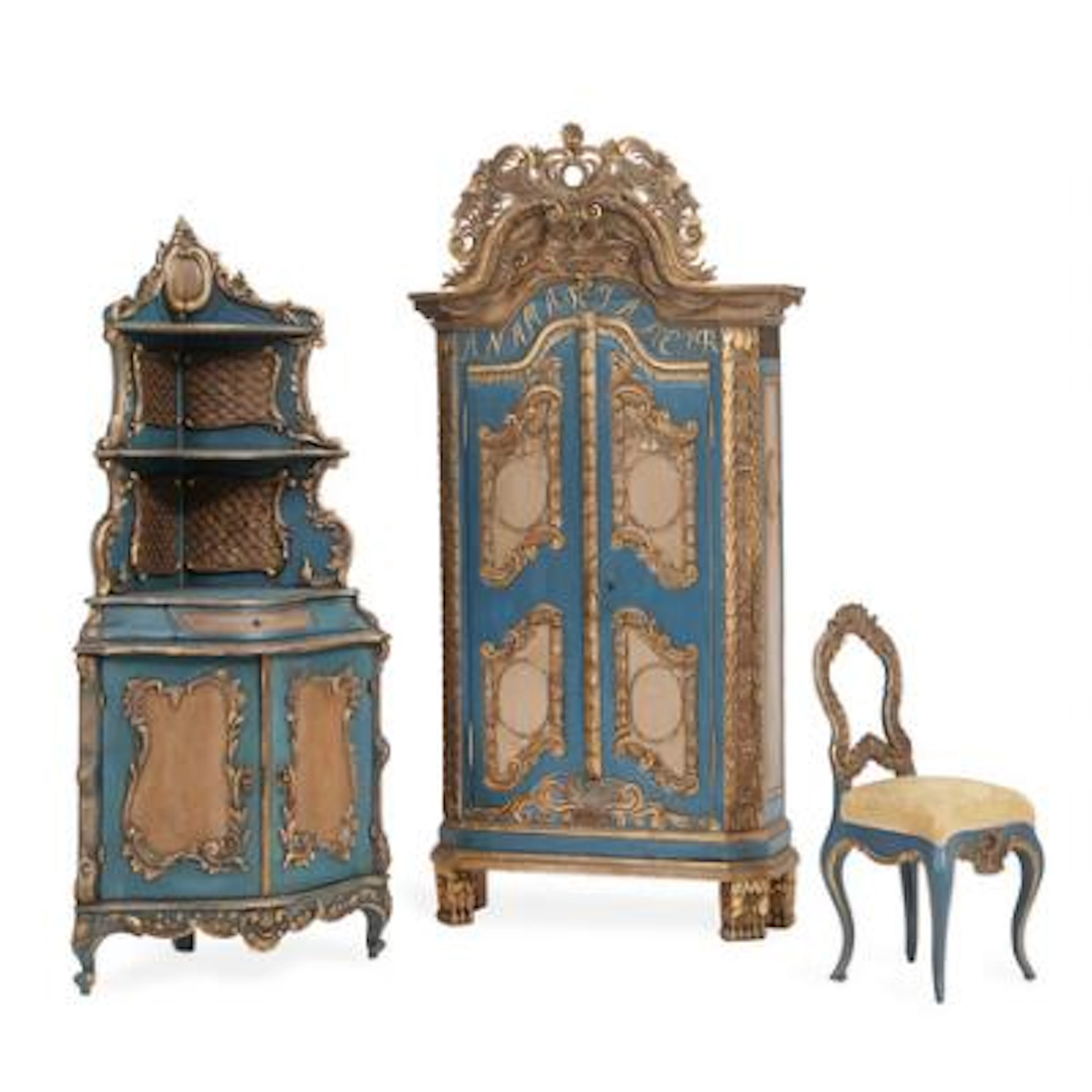 A German furniture set of blue-painted wood with gilded and silvered