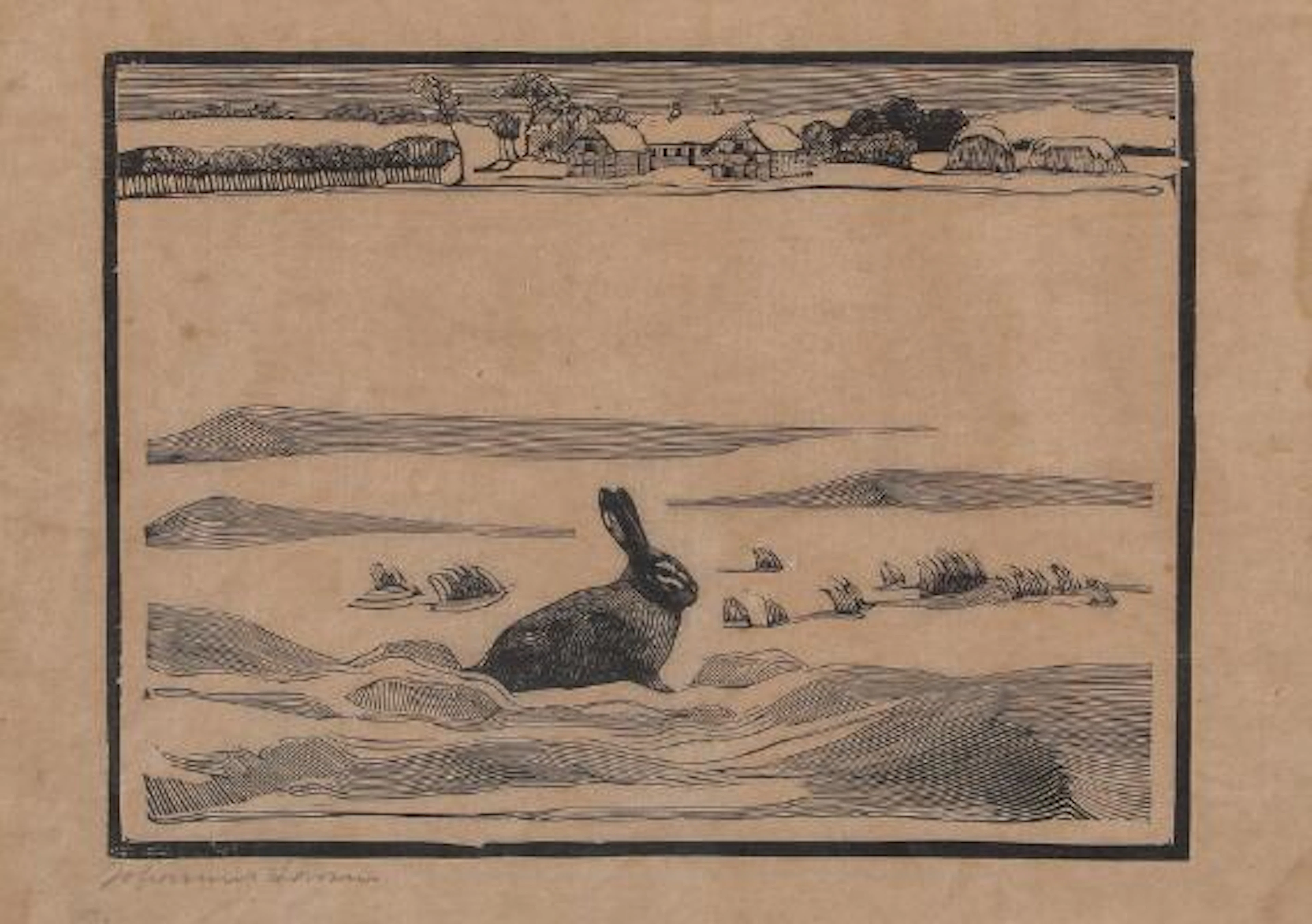 Johannes Larsen: A hare in the snow. Signed Johannes Larsen. Woodcut