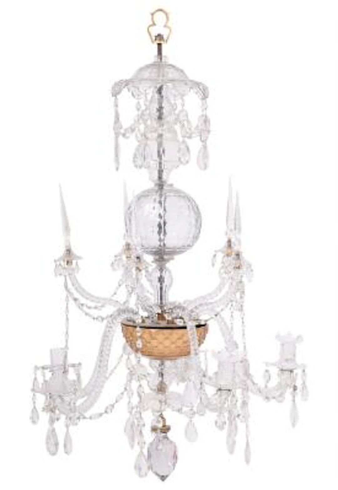 George III prism chandelier with cut-glass frame and brass stem, five