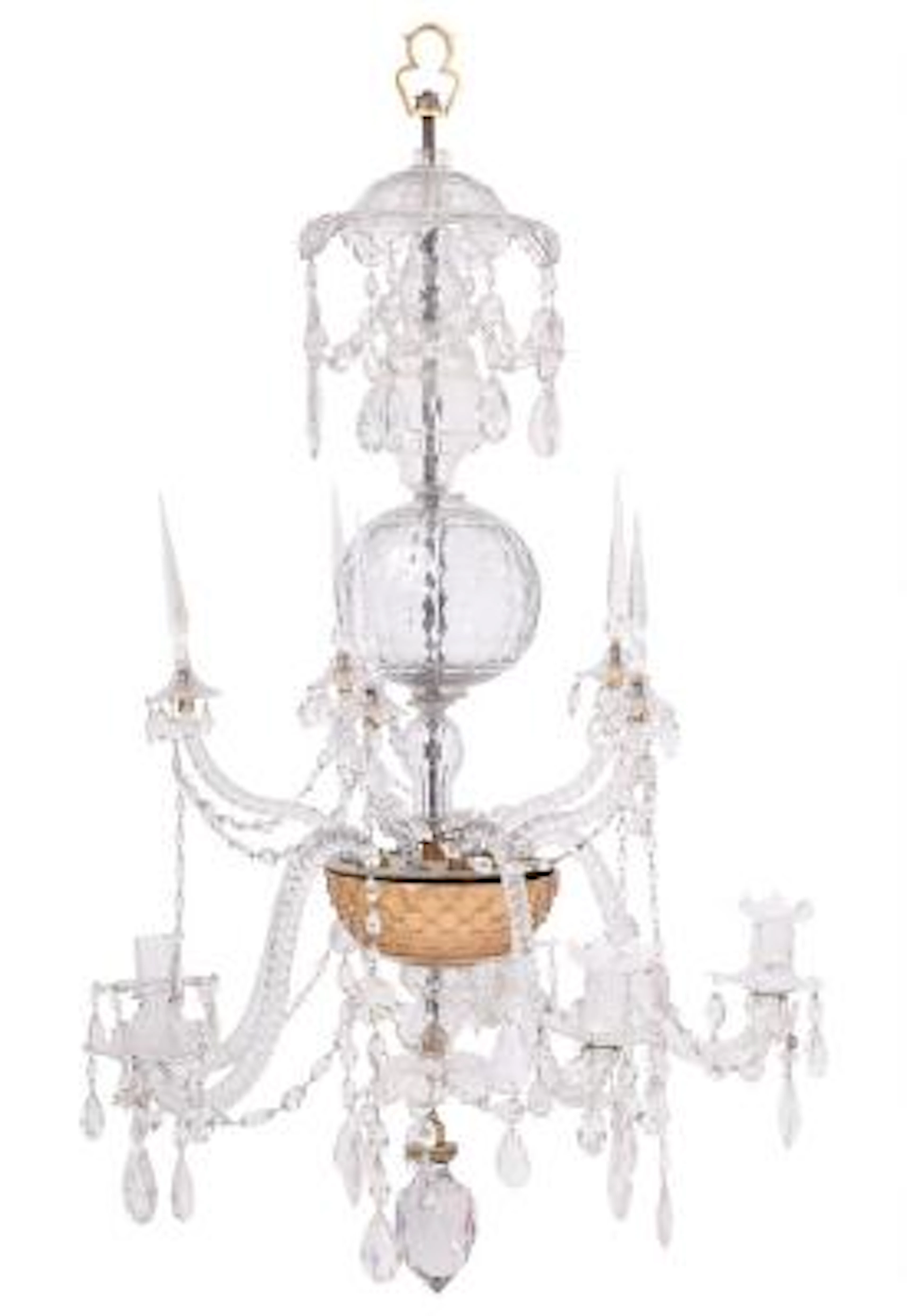 George III prism chandelier with cut-glass frame and brass stem, five