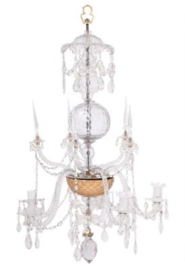 George III prism chandelier with cut-glass frame and brass stem, five