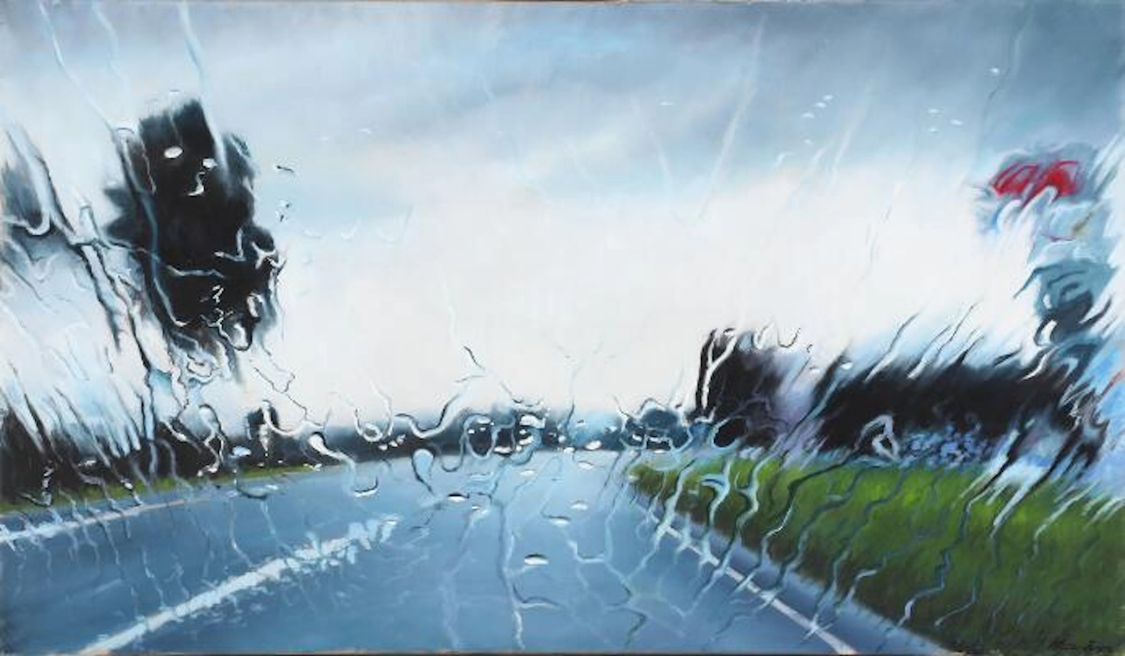 Steen Larsen: "Gas station in rain", 2020. Oil on canvas. 70 x 120