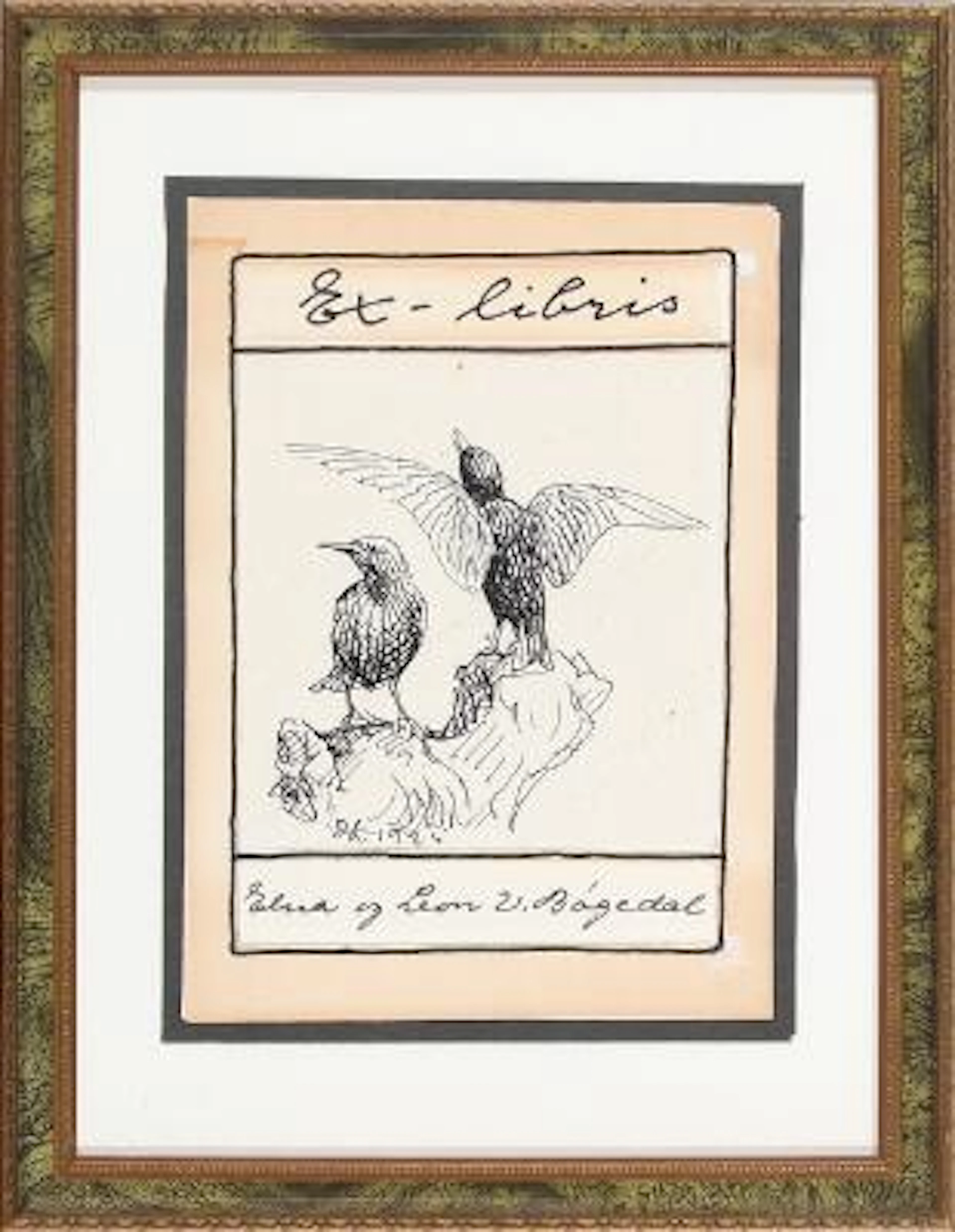 Johannes Larsen: Birds, draft for Ex-libris. Signed monogram, 1925.