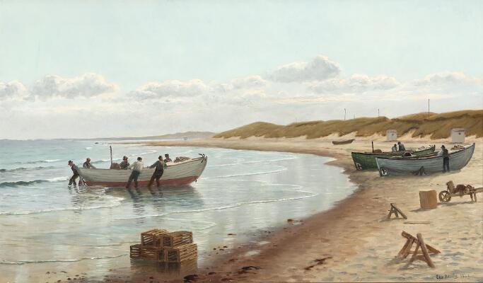 Christian Blache: A view of a coast with fishermen by their boats.