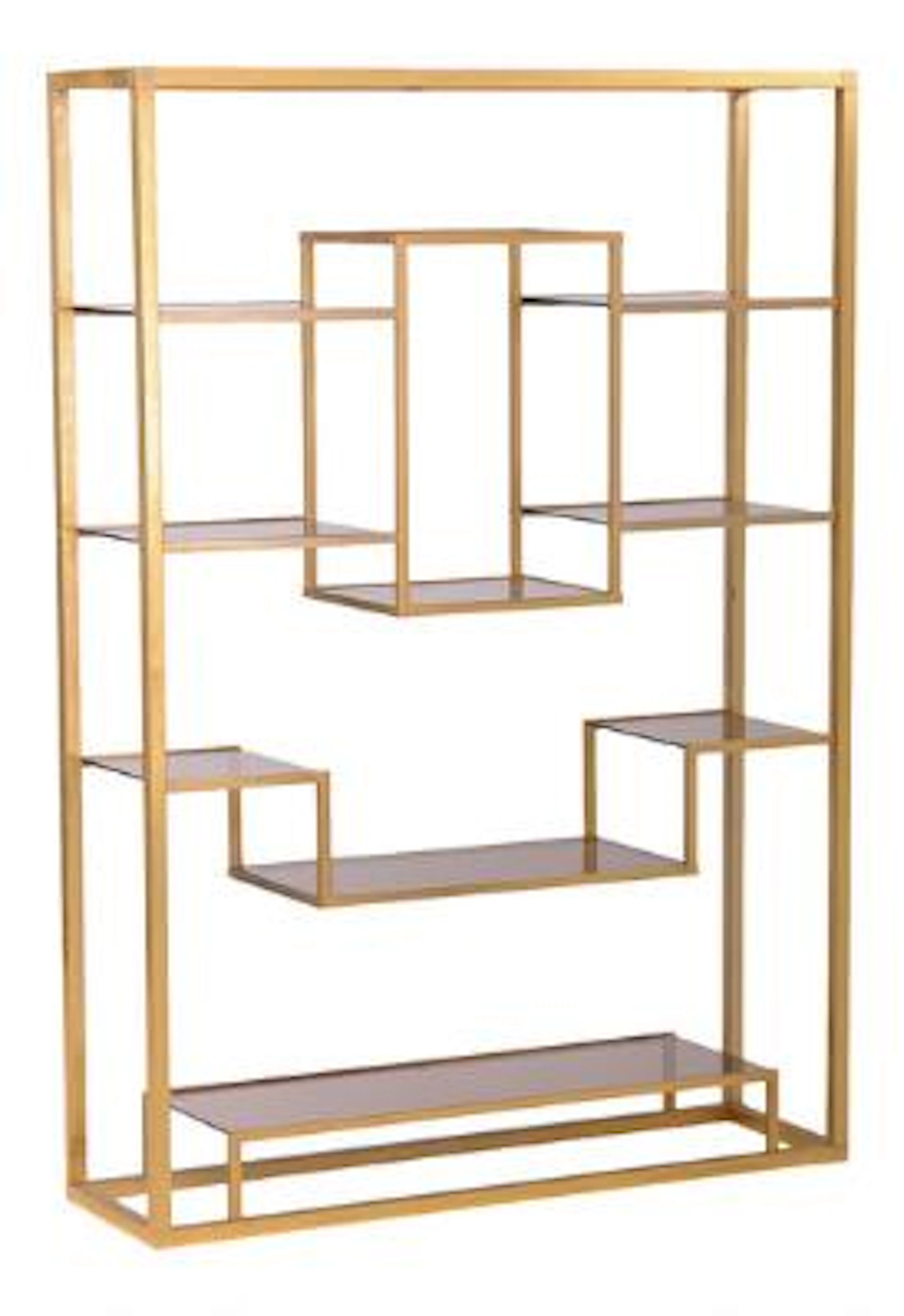 Romeo Rega, attributed: Brass etagere with smoke coloured glass shelves.