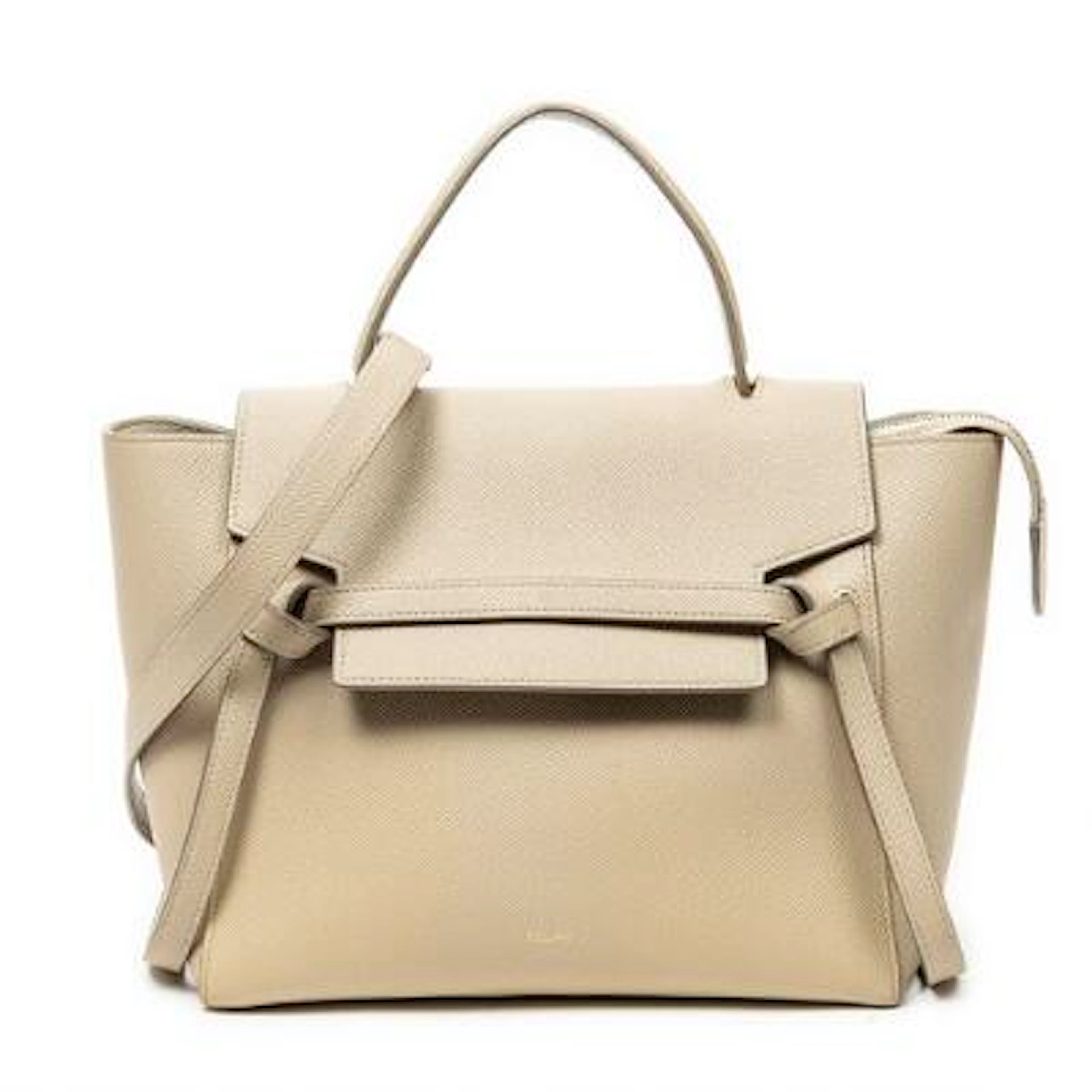 Celine: A "Micro Belt Bag" in beige leather with gold tone hardware.