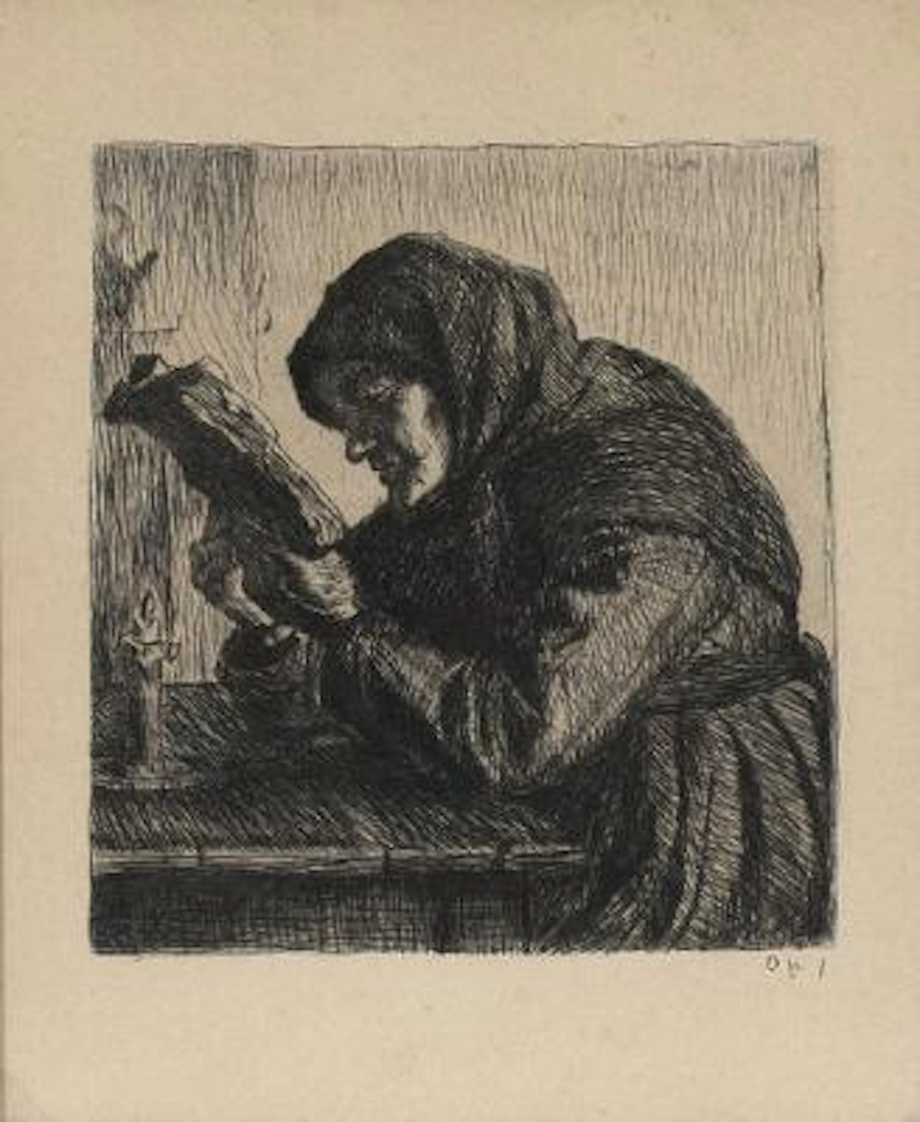 Anna Ancher: An old woman reading. Opus 1. Signed in print. Etching.