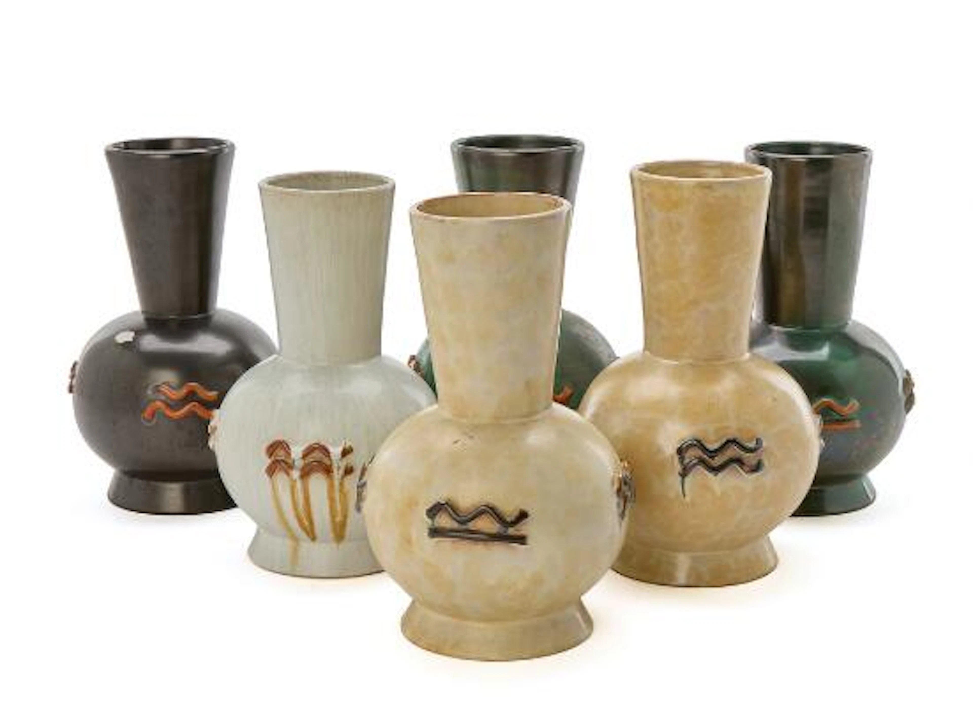 Einar Luterkort: Six Swedish Grace ceramic vases with relief decor.