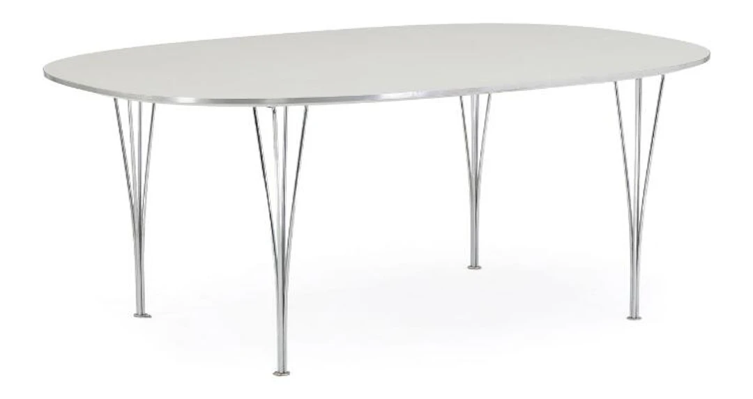 Piet Hein, Bruno Mathsson: Dining table with legs in chromed steel.
