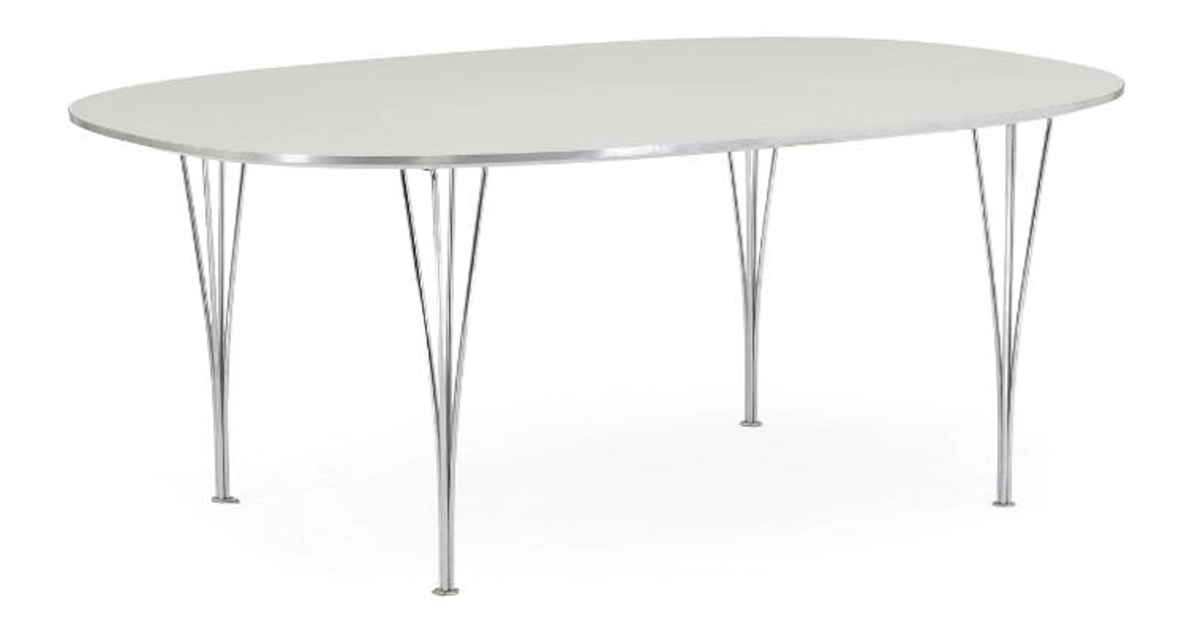 Piet Hein, Bruno Mathsson: Dining table with legs in chromed steel.