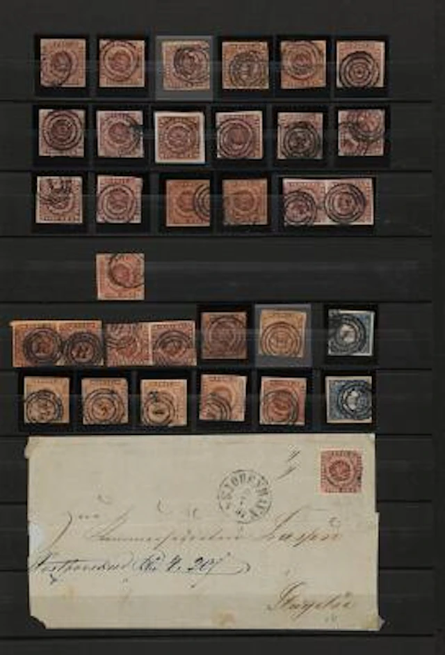 Denmark. Very interesting duplicate lot in a stockbook with many Skilling