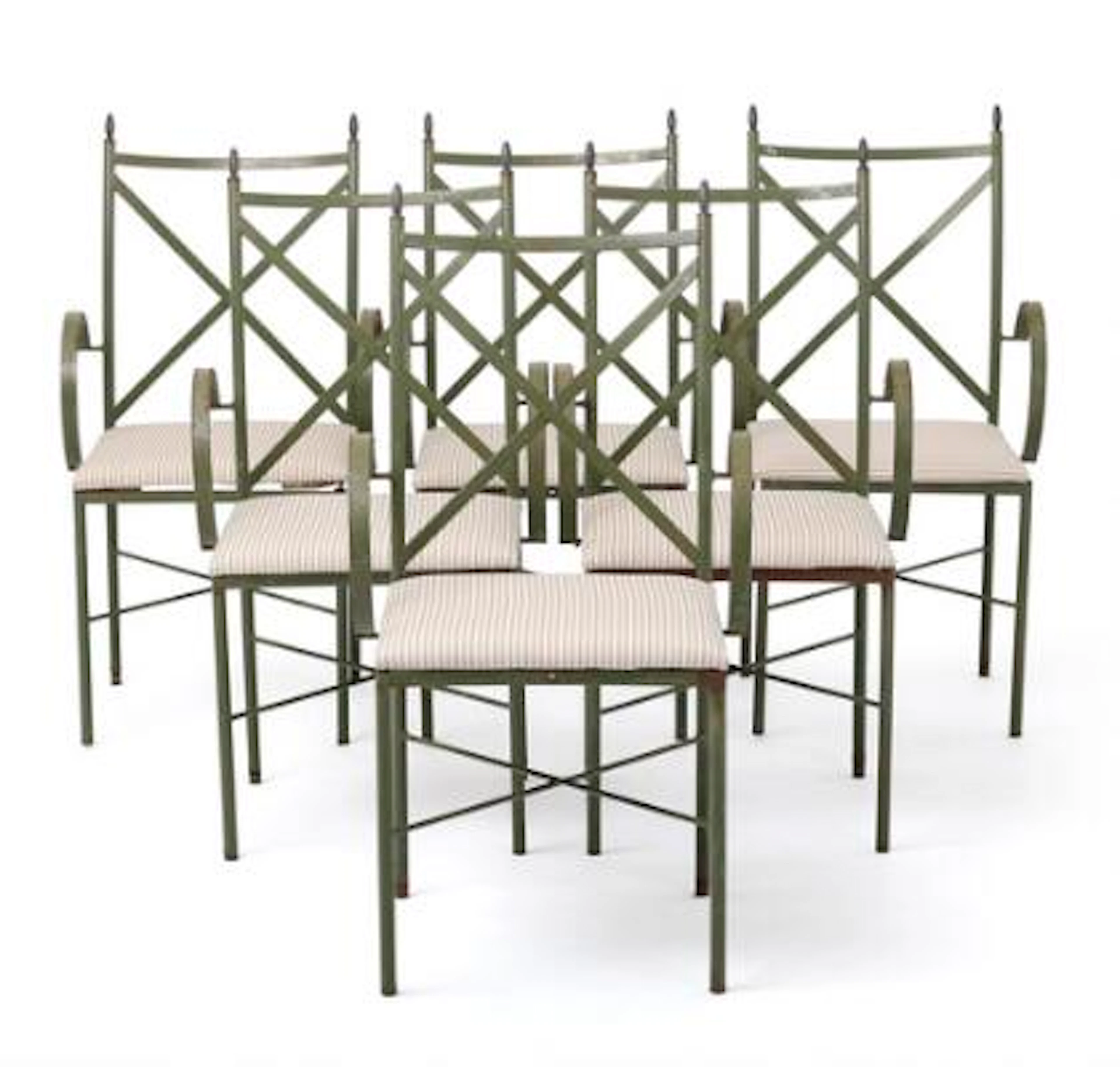 Set of six garden chairs with green lacquered metal frame. Loose seats