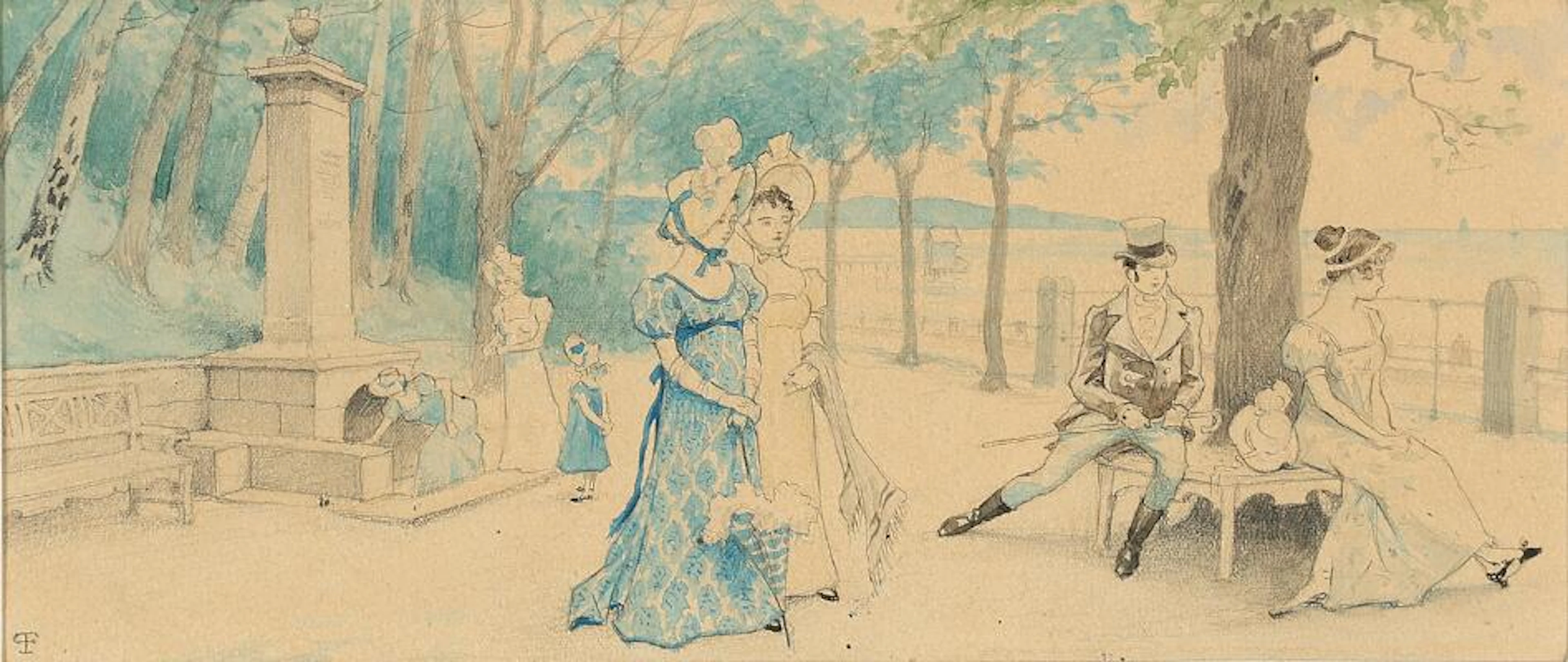 Paul Fischer: People strolling at Emiliekilde. Signed with monogram.