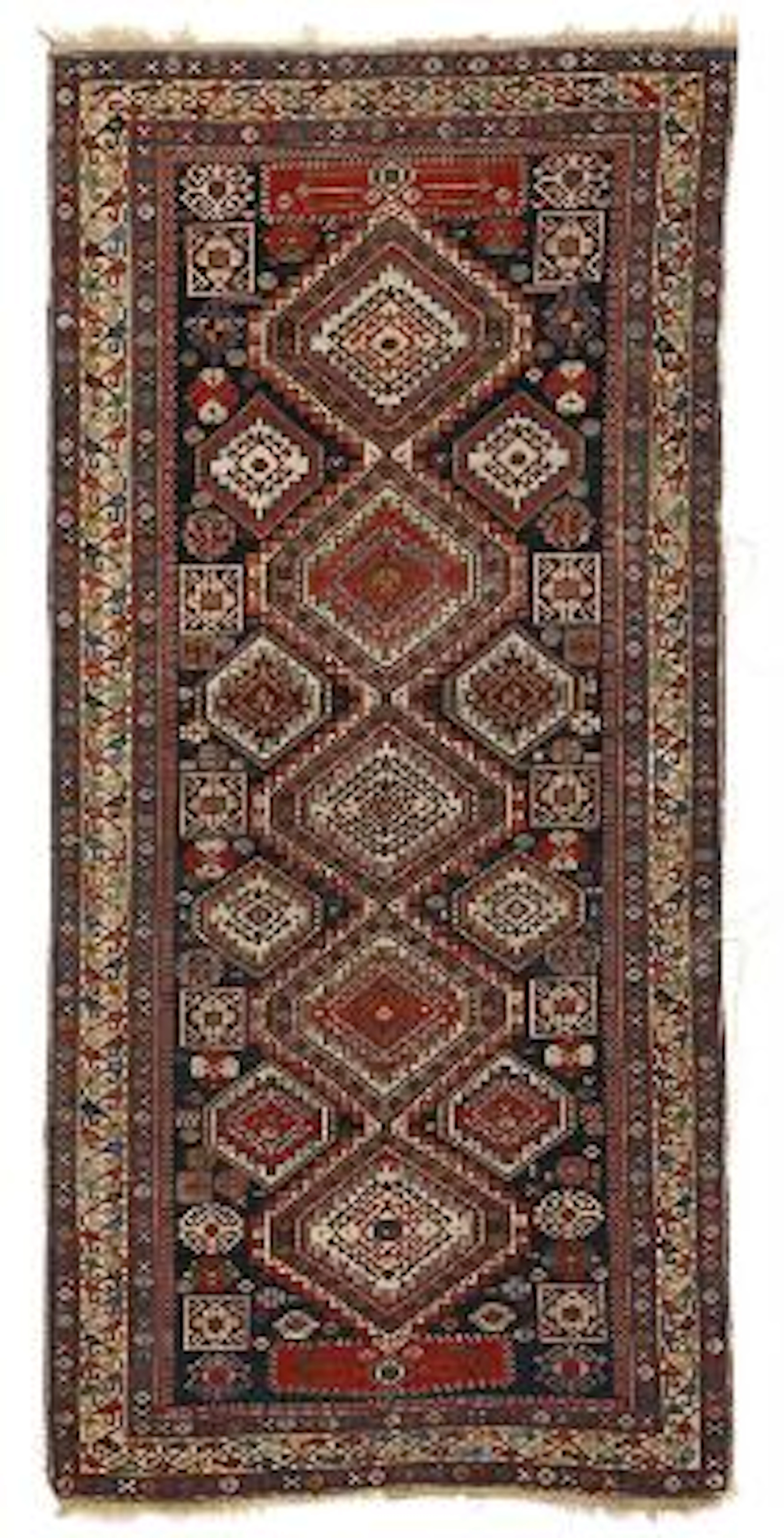 An antique Shirvan galleri rug, Caucasus. Design of linked step medallion