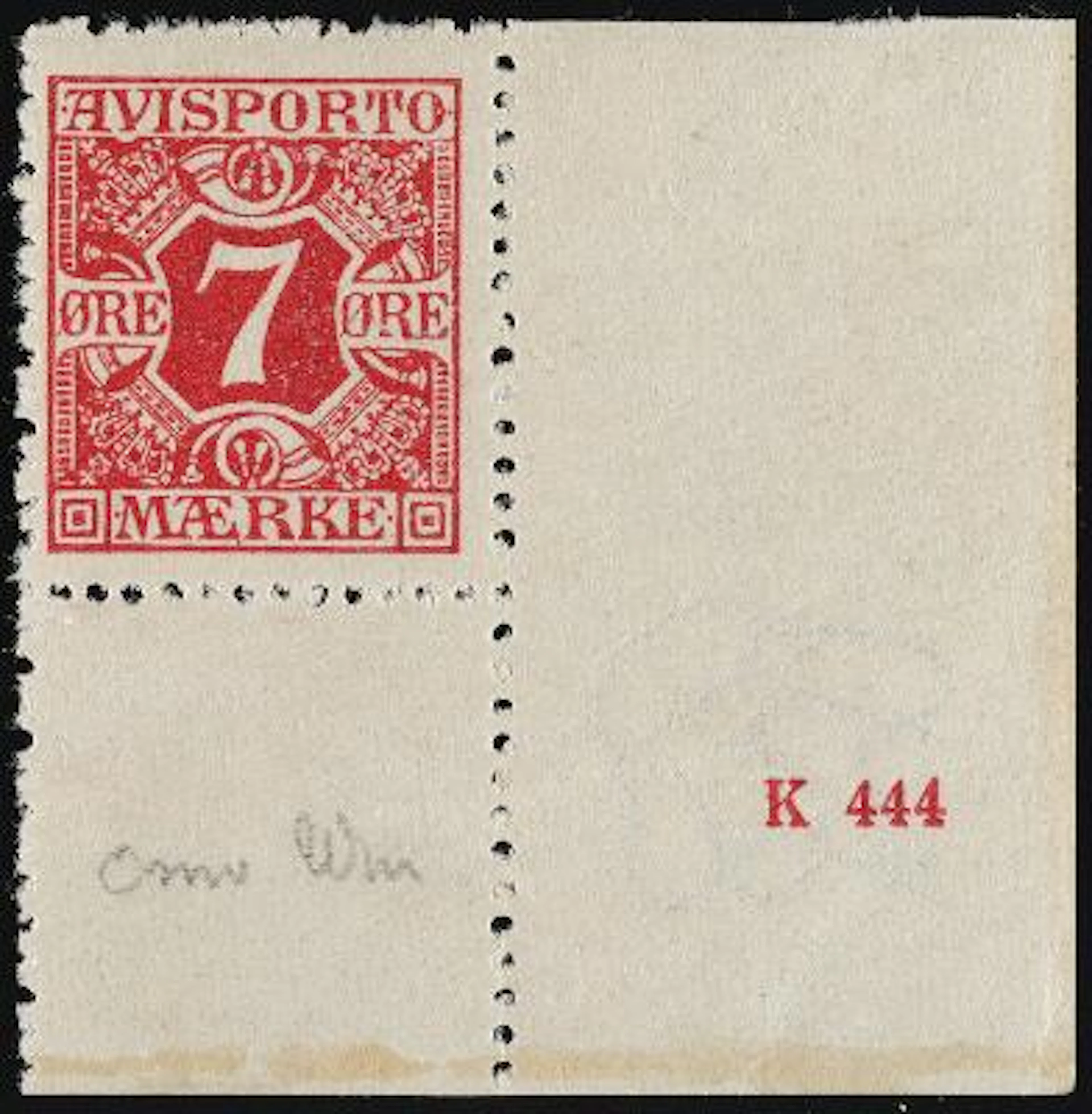 Newspaper. 1907. 7 Øre, red. Perf. 12 3/4, wmk. Crown. Scarce never