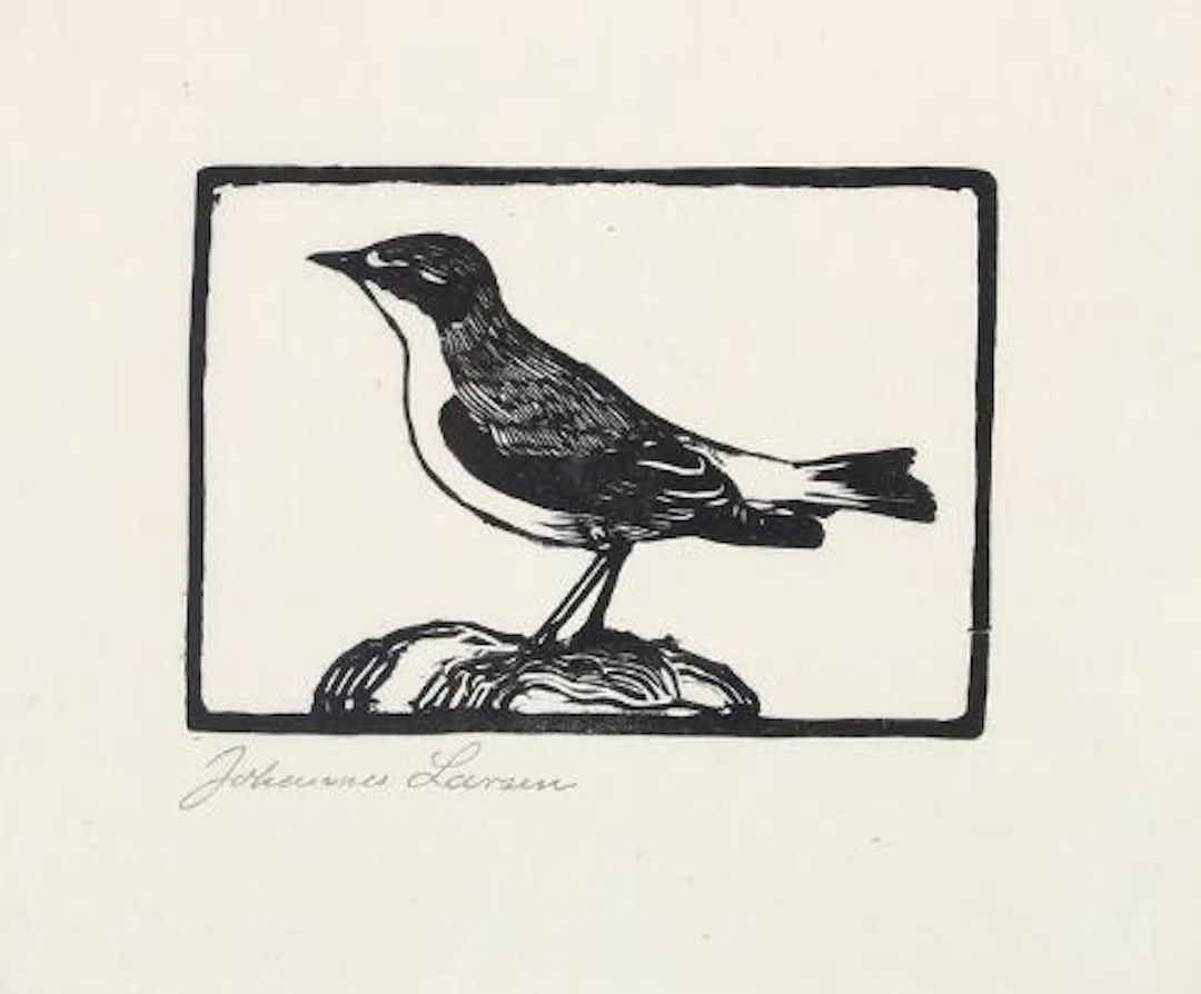 Johannes Larsen: Northern wheatear. Signed in the print. Woodcut.