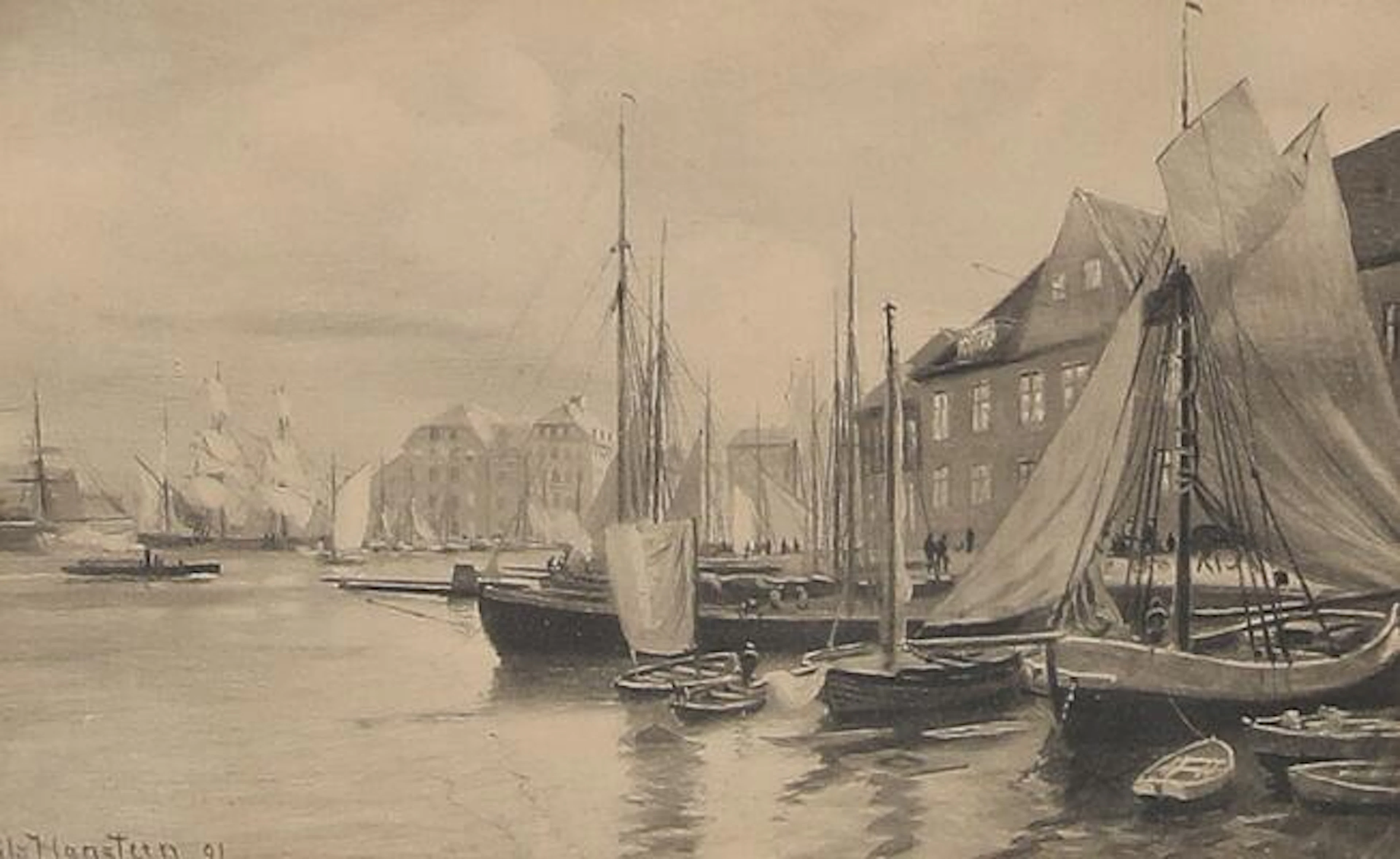 Niels Hansteen: Canal scene from Copenhagen. Signed Niels Hansteen