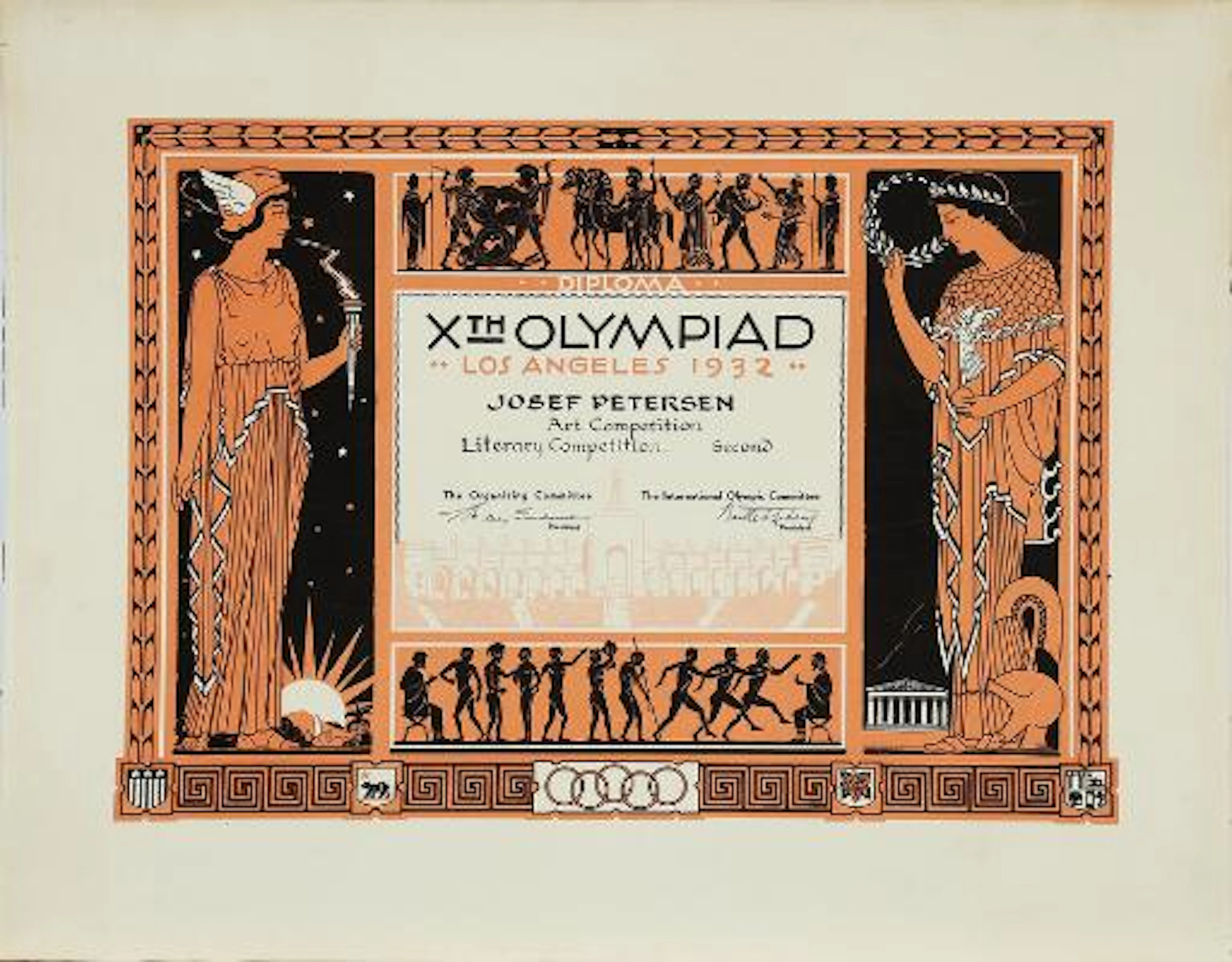 Certificate for a silver medal at the 1932 Olympic Games in Los Angeles.