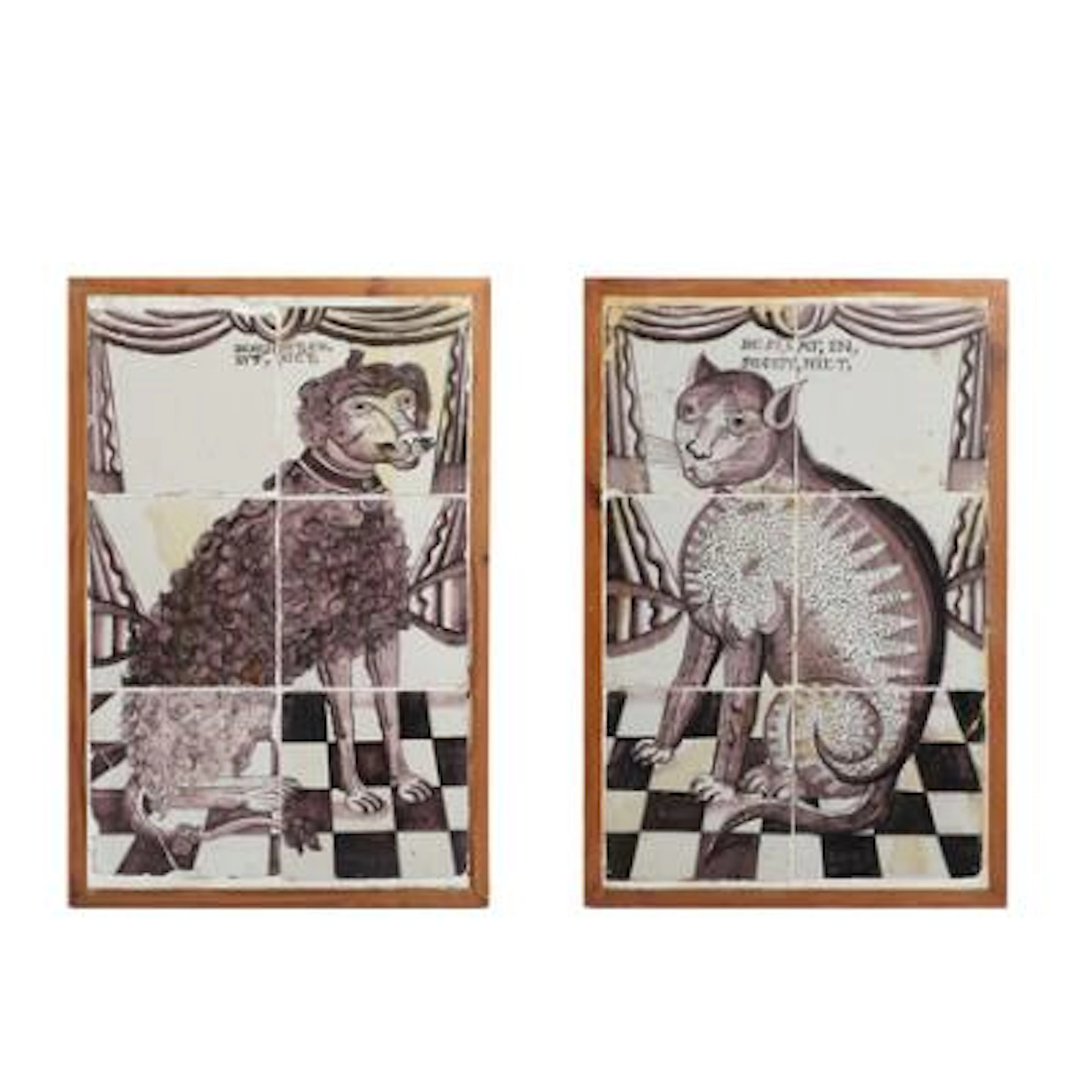 Two faience tile pictures decorated in manganese with a dog and a