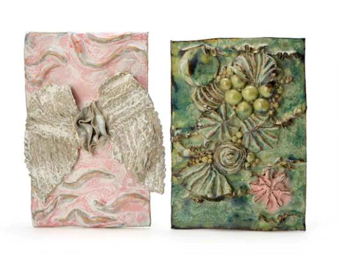 Laura Guiseppi: Two rectangular ceramic wall reliefs modelled with