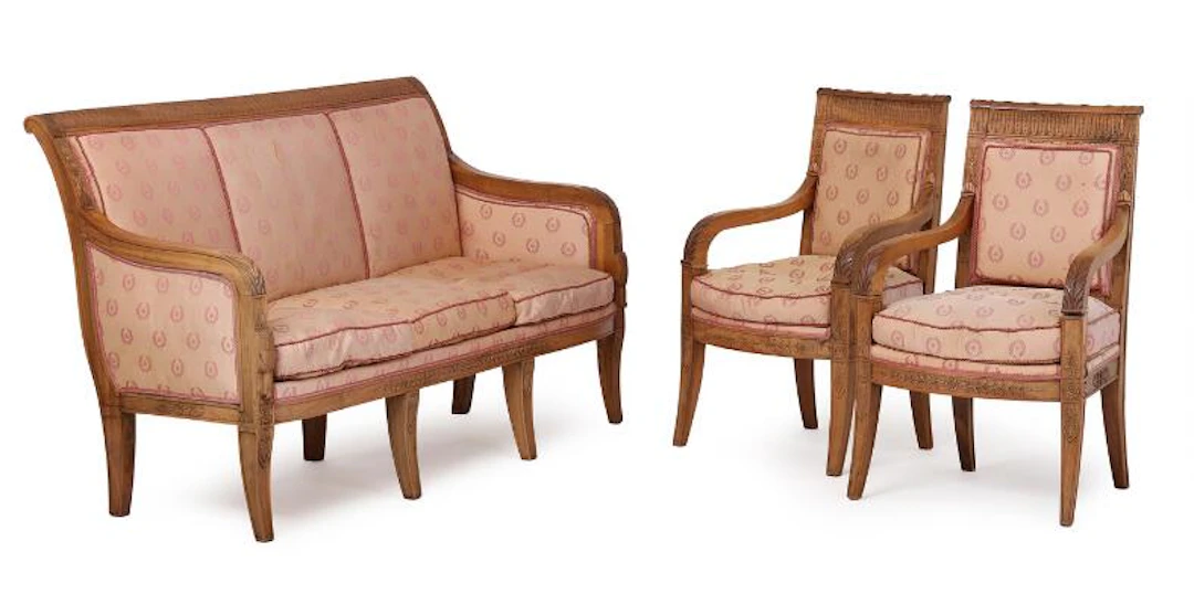 French Empire mahogany furniture set, consisting of three-seater sofa