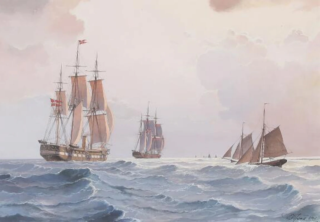 Andrej Tron: Seascape with numerous sailing ships. Signed A. Tron