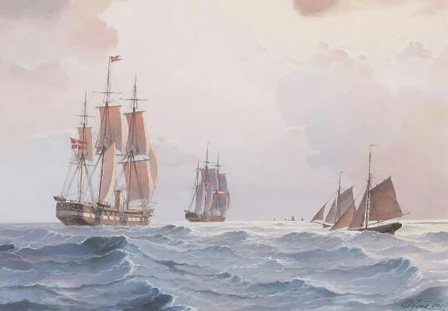 Andrej Tron: Seascape with numerous sailing ships. Signed A. Tron