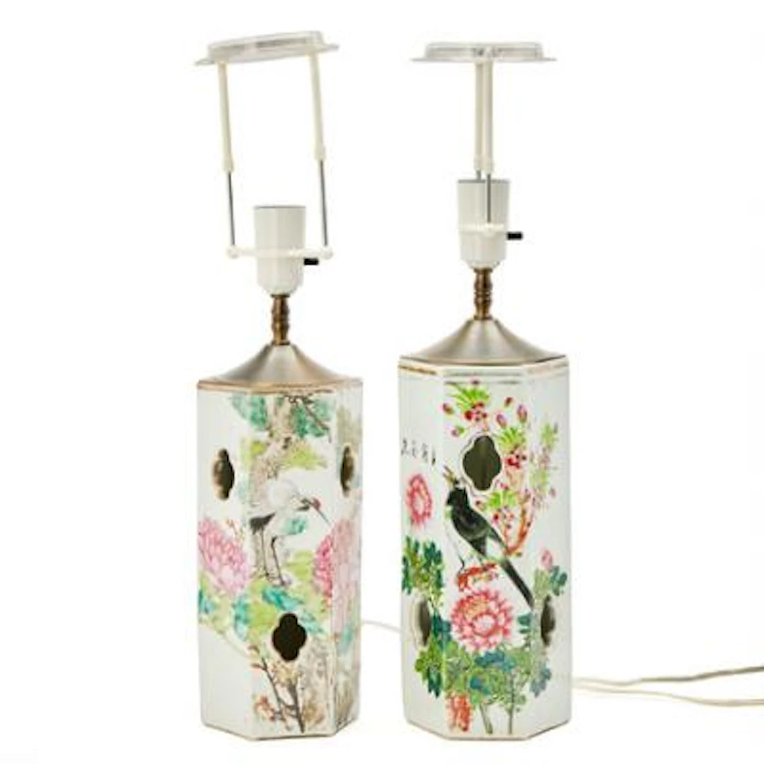Two Chinese enamelled porcelain hatstands, Qing c. 1900. Mounted as