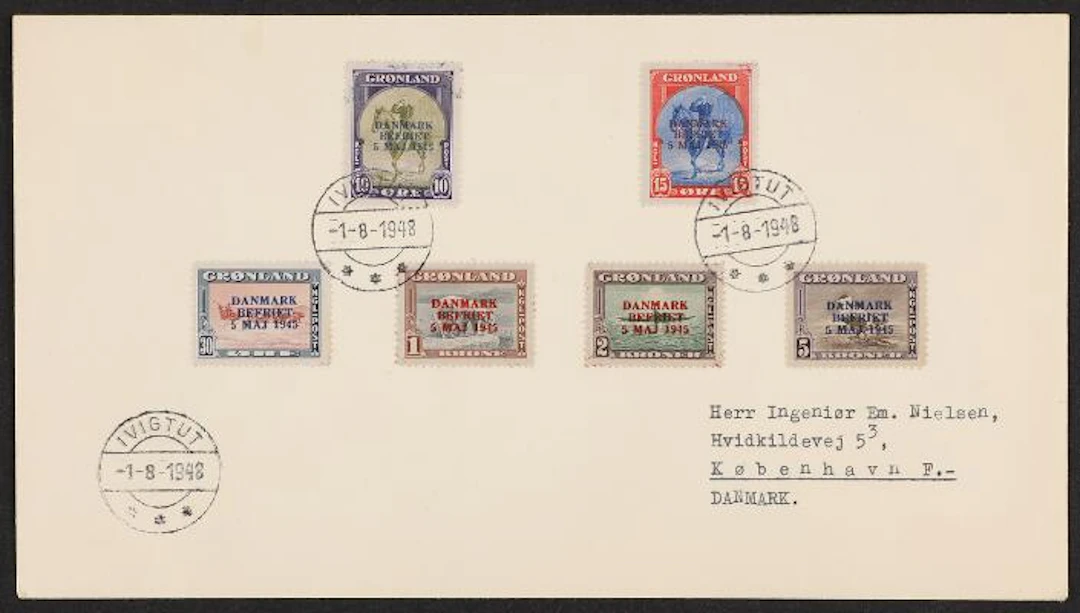 Greenland. 1945. Danmark Befriet. 10 Øre - 5 Kr. Envelope with the