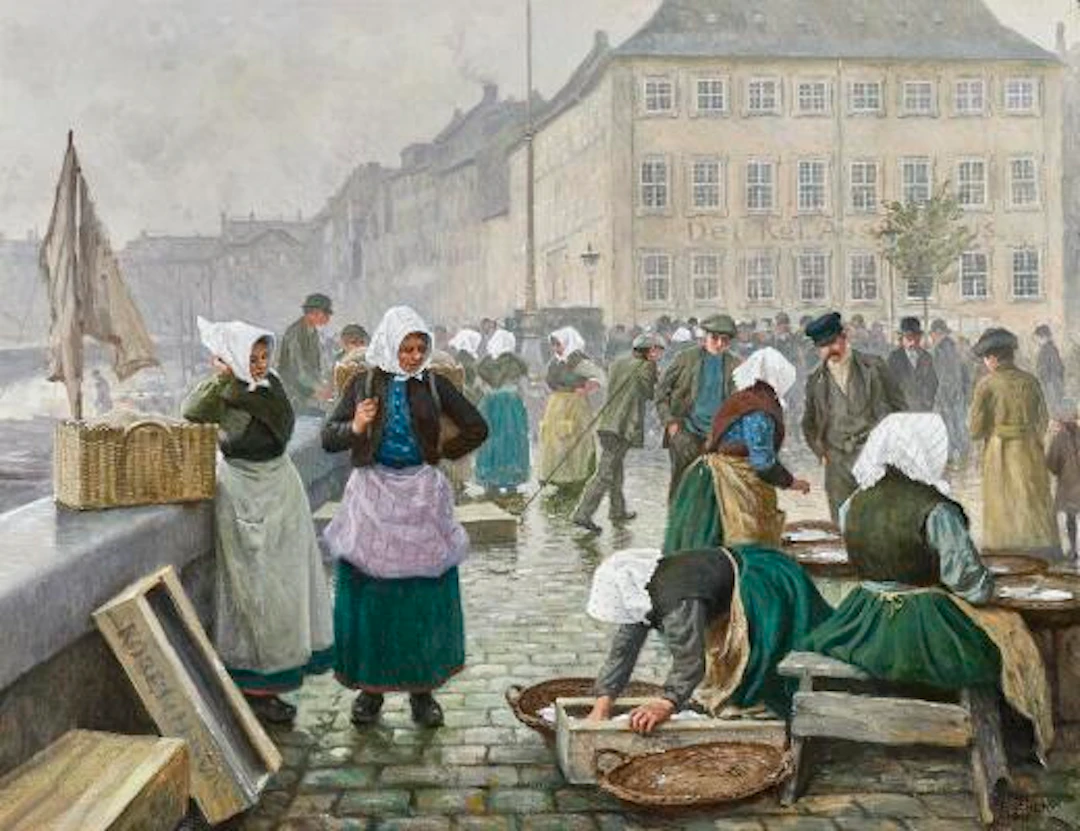Paul Fischer: Fishwives at Gl. Strand, Copenhagen. Signed Paul Fischer